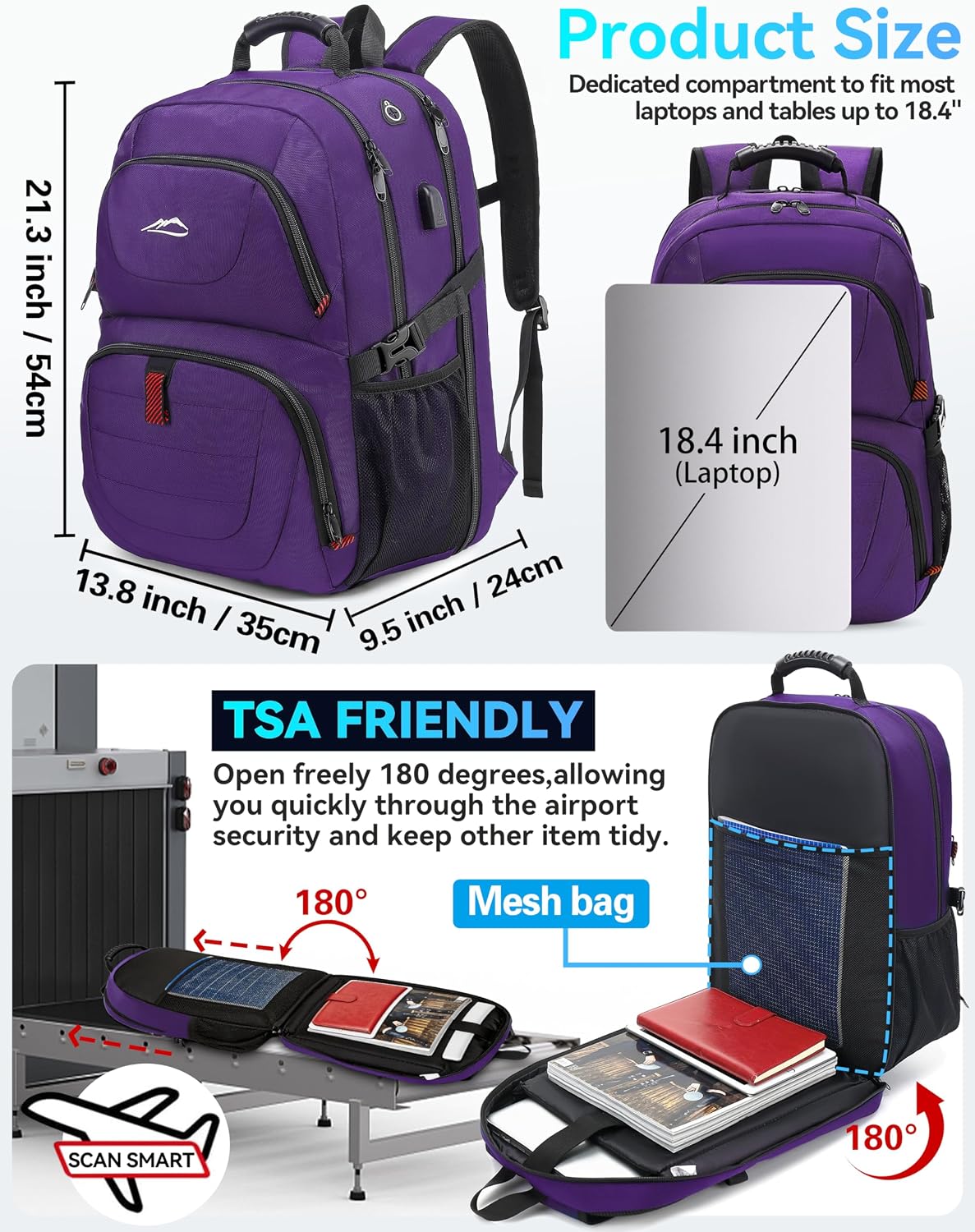 ProEtrade Travel Backpack, Extra Large Laptop Backpack Business Anti Theft TSA Approved College Work Computer Bag Fits 18.4 Inch Laptop with USB Charging Port for Women Men(Purple,L)