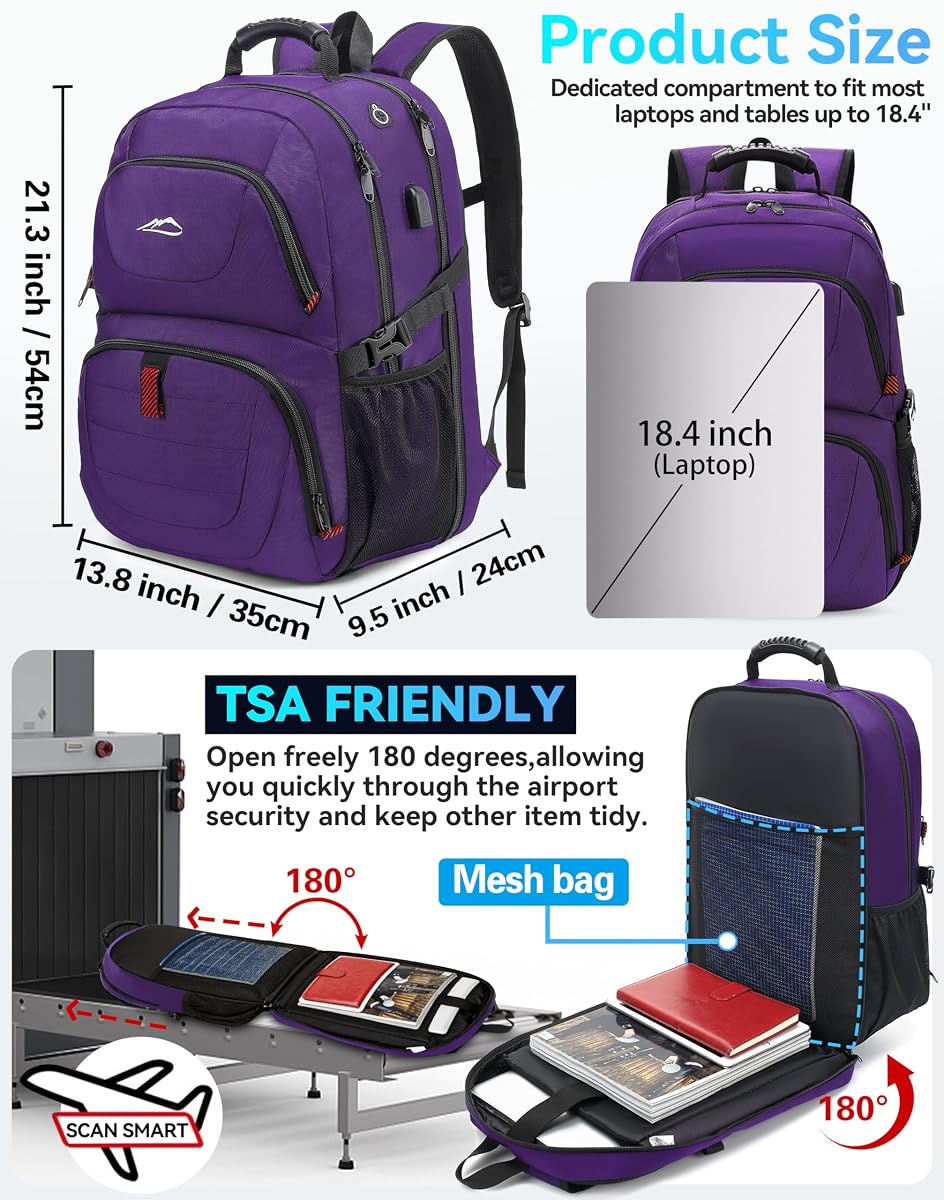 ProEtrade Travel Backpack, Extra Large Laptop Backpack Business Anti Theft TSA Approved College Work Computer Bag Fits 18.4 Inch Laptop with USB Charging Port for Women Men(Purple,L) 18.4 Inch Purple image 1