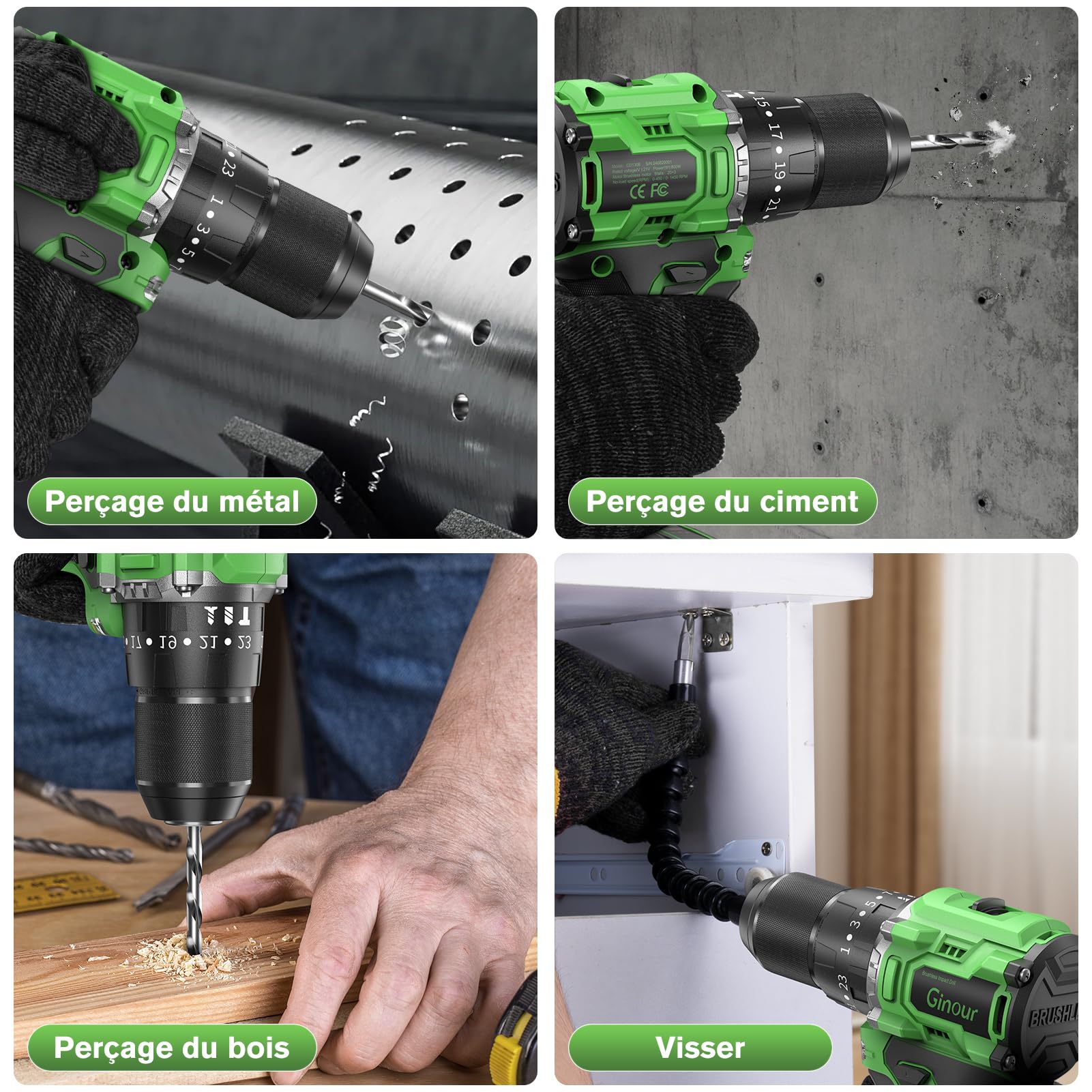 Ginour Brushless Perceuse-Visseuse à Percussion sans fil 50Nm, 21V Visseuse Devisseuse avec 2 Batteries 2Ah, 800W Moteur sans Balai, 47 Accessoires & coffret, 23+3 Couple, 2 Vitesses,10mm Mandrin LED