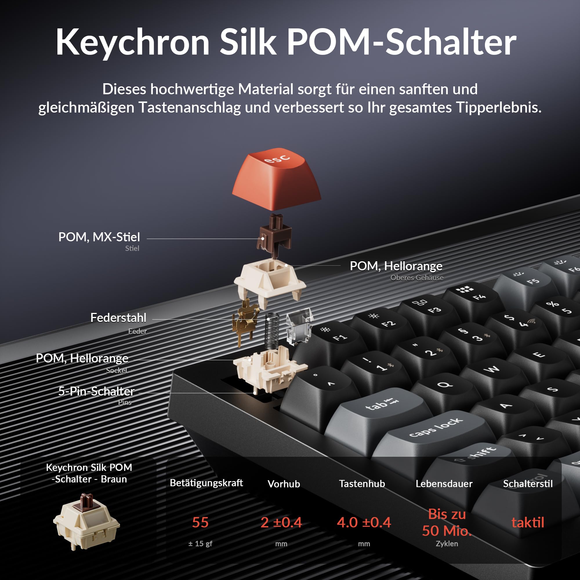 Keychron V6 Ultra 8K kabellose mechanische Tastatur, ISO-DE-Layout, 8000 Hz, ZMK/Launcher, 2,4 GHz/Bluetooth 5.3, PBT-Tastenkappen, für Mac, Windows und Linux, Silk POM Brauner Schalter