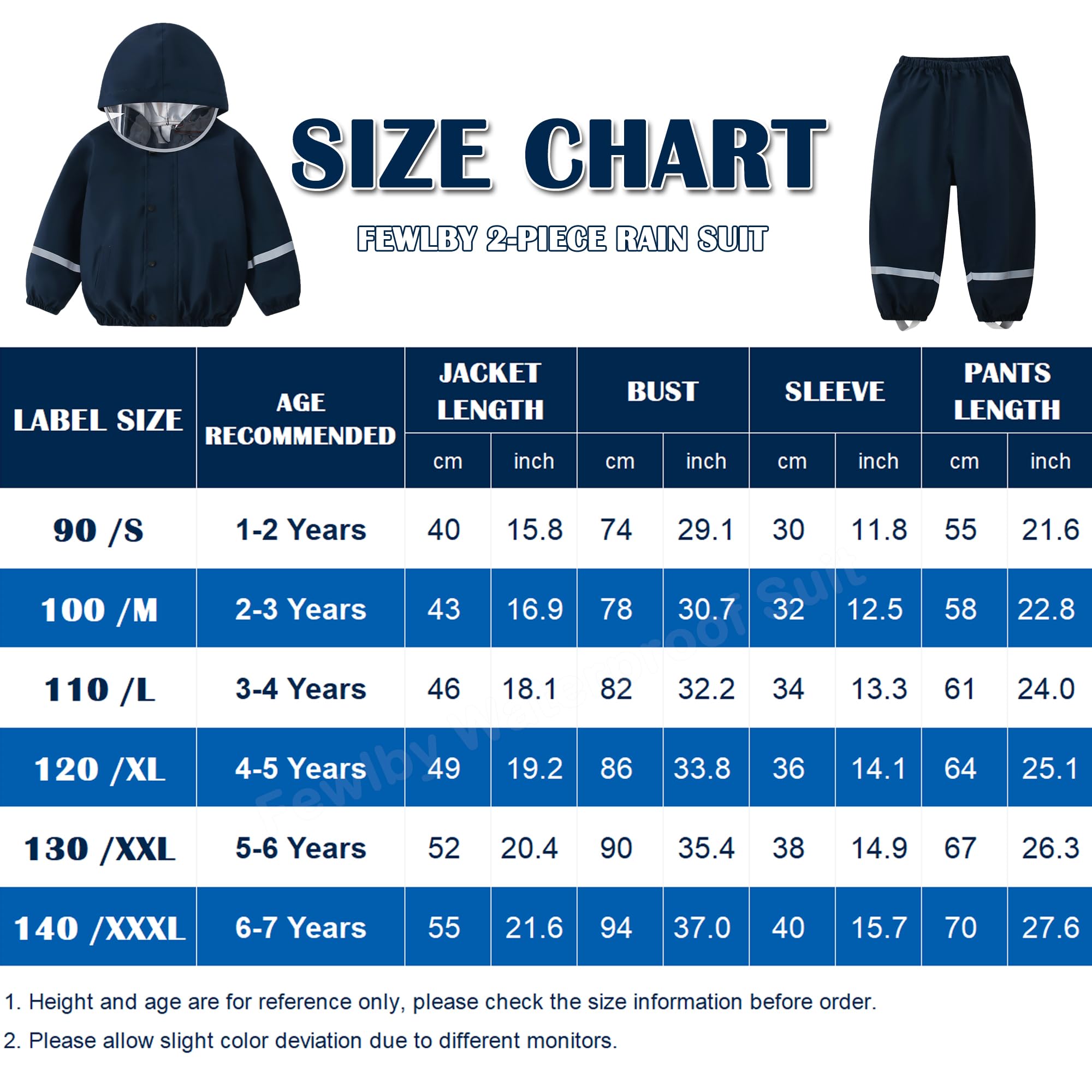 Fewlby Enfant Combinaison Imperméables, Veste de Pluie + Pantalon Imperméable 2PCS Ensembles, Filles Garçons Manteaux Imperméables Pantalon de Pluie Réutilisables Vêtements de Pluie