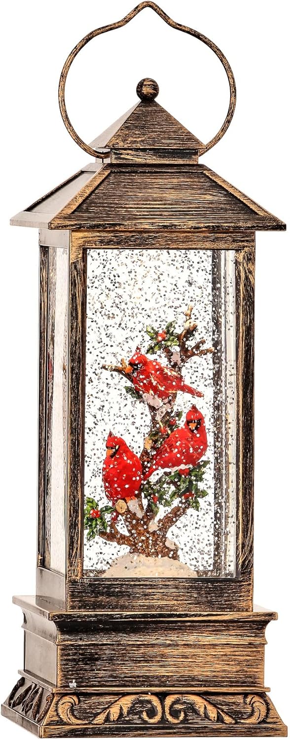 Textured Bronze Lantern Cardinals on Branch LED 12 inch Metal Tabletop Christmas Water Snow Globe