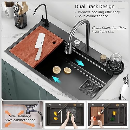 Miniatura 5 de Fregadero de cocina, fregadero de cocina en cascada, fregadero de cocina de acero inoxidable 304 negro de 29.5 pulgadas, fregadero de estación de