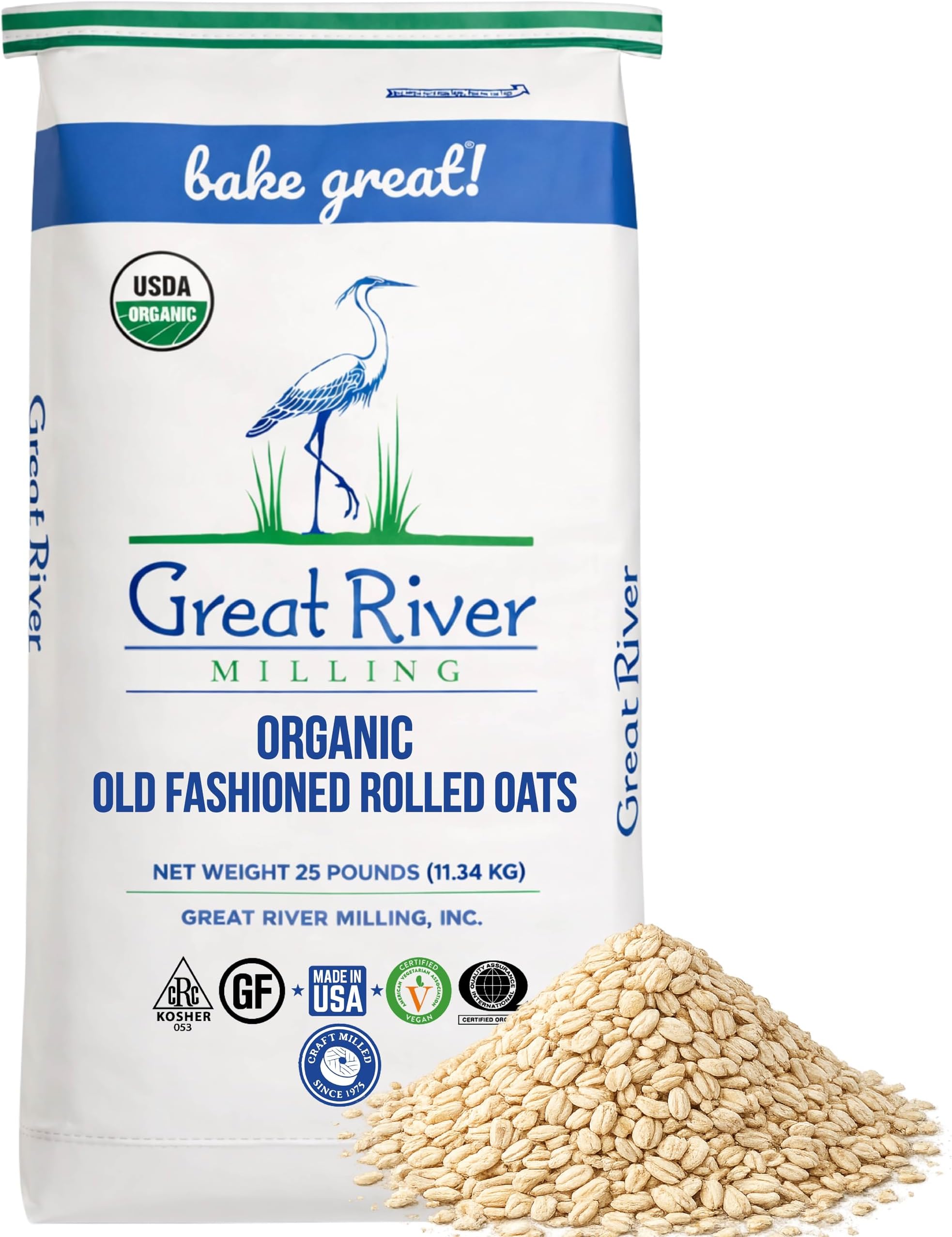 Great River Milling Organic Old Fashioned Rolled Oats | Whole Grain, USDA Organic, Non-GMO, Kosher | Hearty Texture for Oatmeal, Granola, Cookies, Baking & Meal Prep | 25 Lb. (Pack of 1)