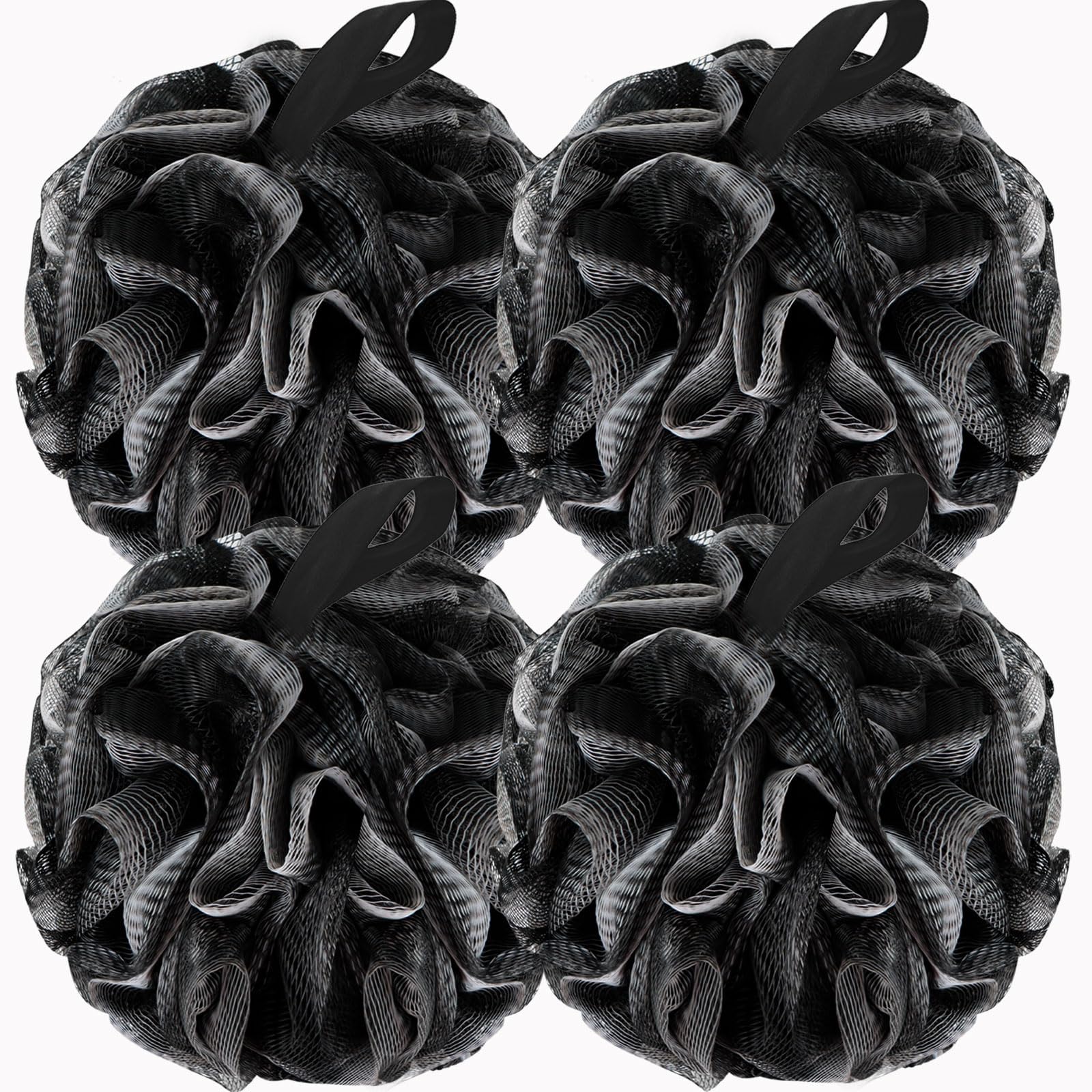 BCKENEY Bath Loofah Shower Sponge Body Back Scrubber Soft Mesh Shower Puffs Exfoliating Loofa for Women & Men Bath Accessories Cleaning Tool (4Pack 60G Black, Charcoal Black)
