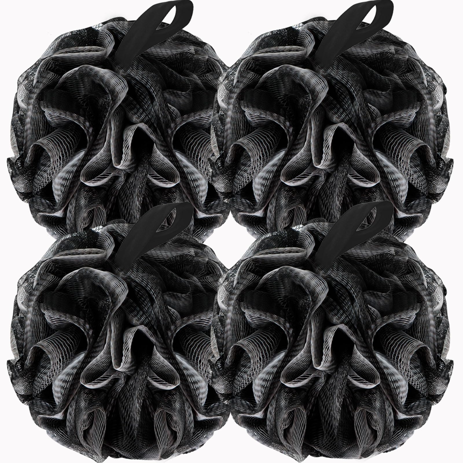 Bath Loofah Shower Sponge Body Back Scrubber Soft Mesh Shower Puffs Exfoliating Loofa for Women & Men Bath Accessories Cleaning Tool (4Pack 60G Black, Charcoal Black)