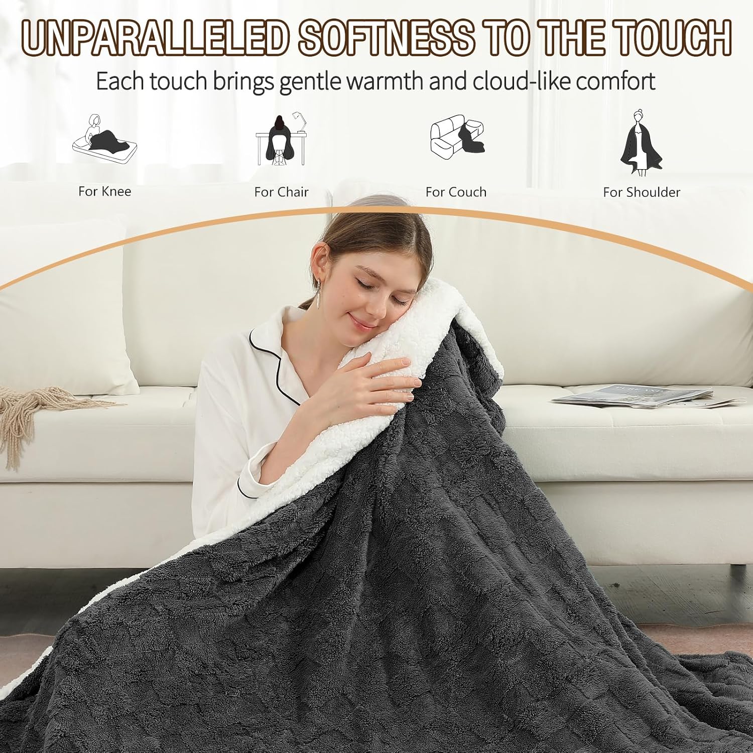 Heated Throw Blanket Electric,Electric Blanket Checkered Weave & Wool Blend Heated Blanket,Rapid Heating 6 Temperature Settings 4-Hour Auto Shut-Off ETL Certified,Machine Washable,50" x 60",Dark Gray