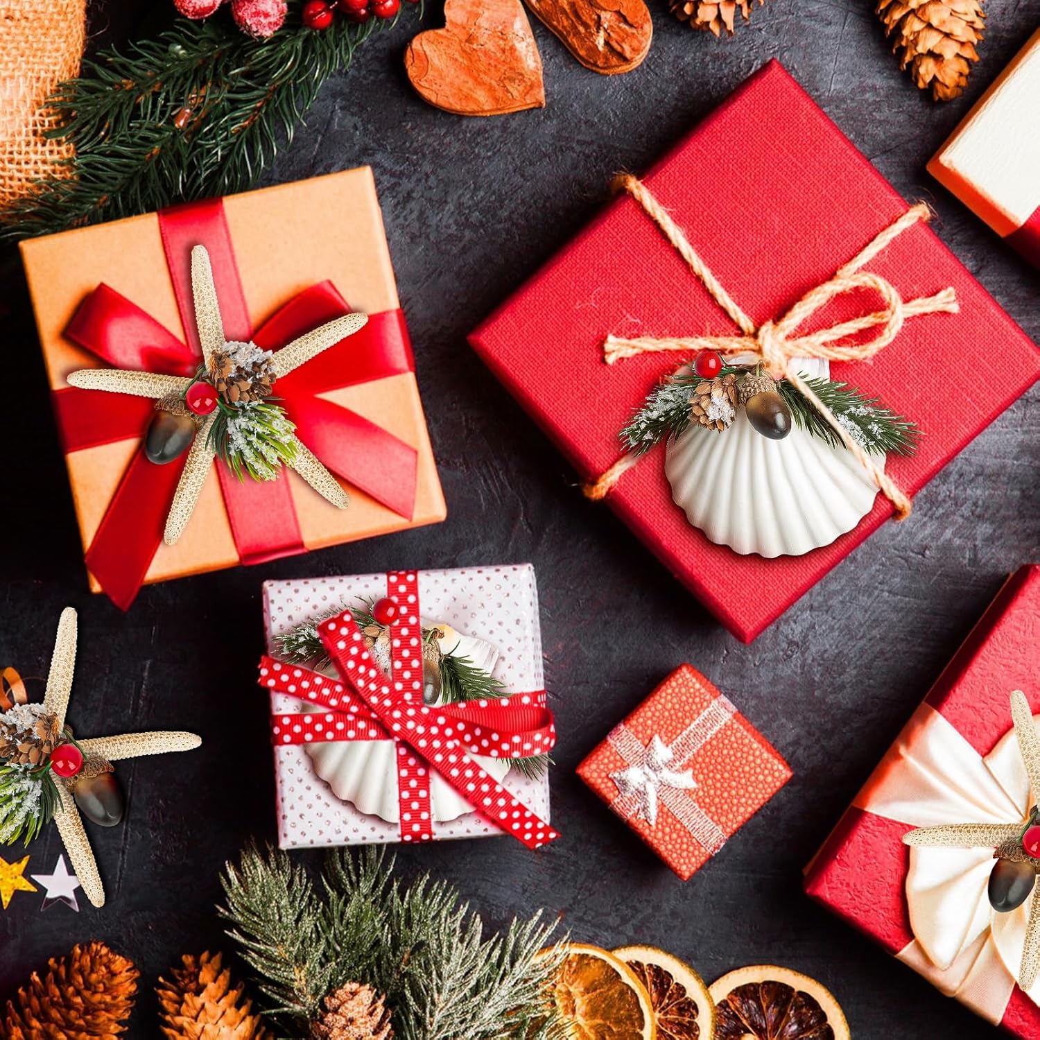 Seashell Starfish Ornaments for Christmas Tree 12PCS Handmade Natural Sea Shells & Starfish Crafts with Natural Pine Cones, for Christmas Decorations Coastal Beach Nautical Christmas Tree Ornaments - Image 5