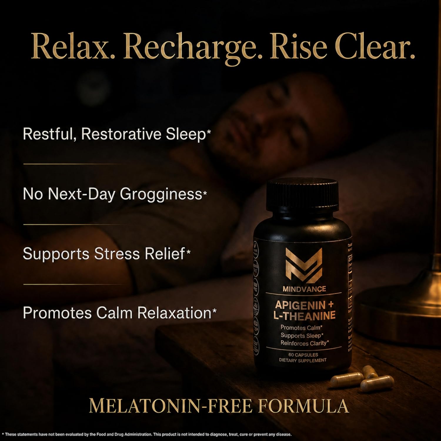 Apigenin 100mg with L-Theanine 200mg Supplement Capsules for Sleep Support, Relaxation, Clarity & Calm | Melatonin Free | 60 Vegan Capsules