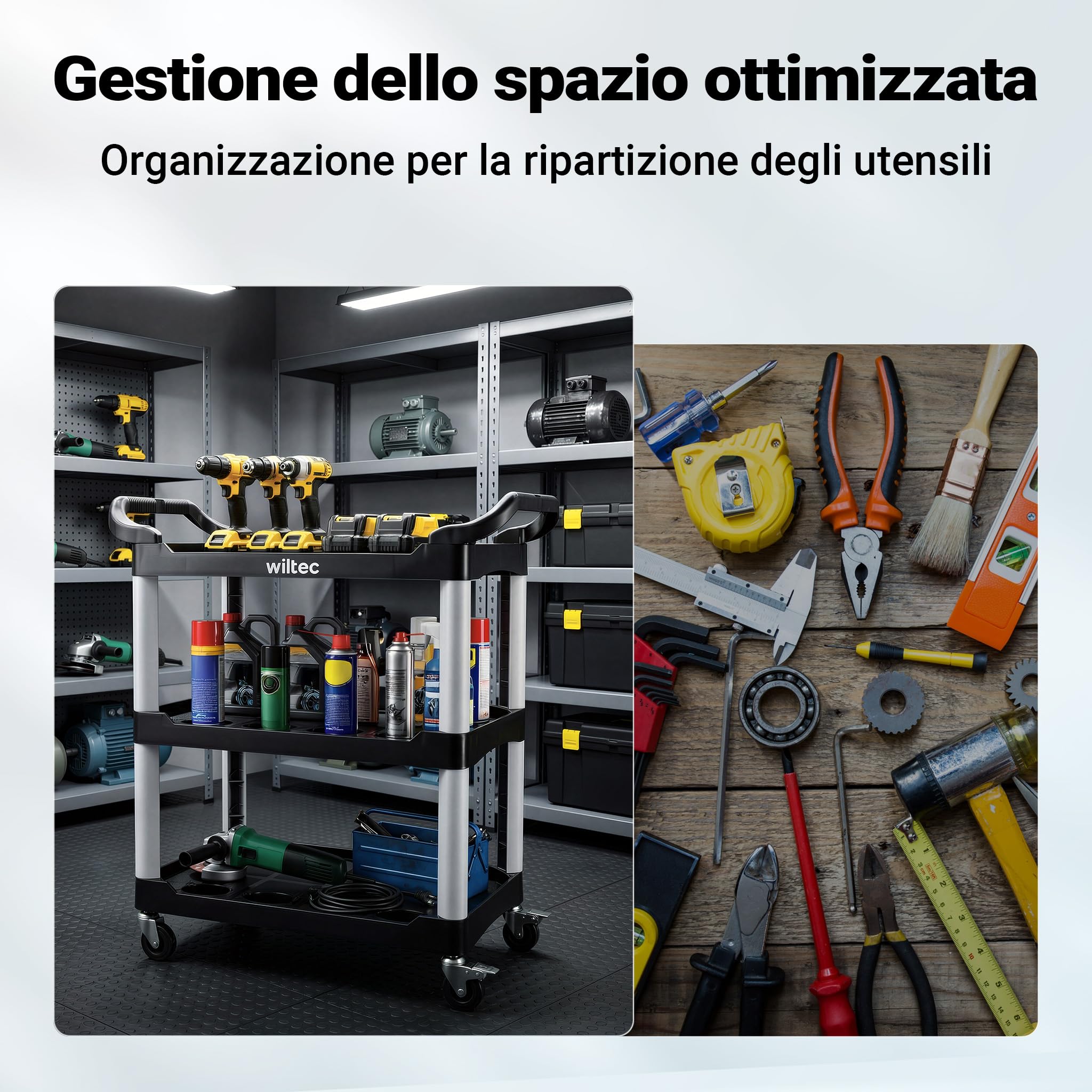 Wiltec Carrello a 3 ripiani tipo 01 con portata di 136 kg, carrello officina 74,5 × 42,5 × 67,5 cm in plastica