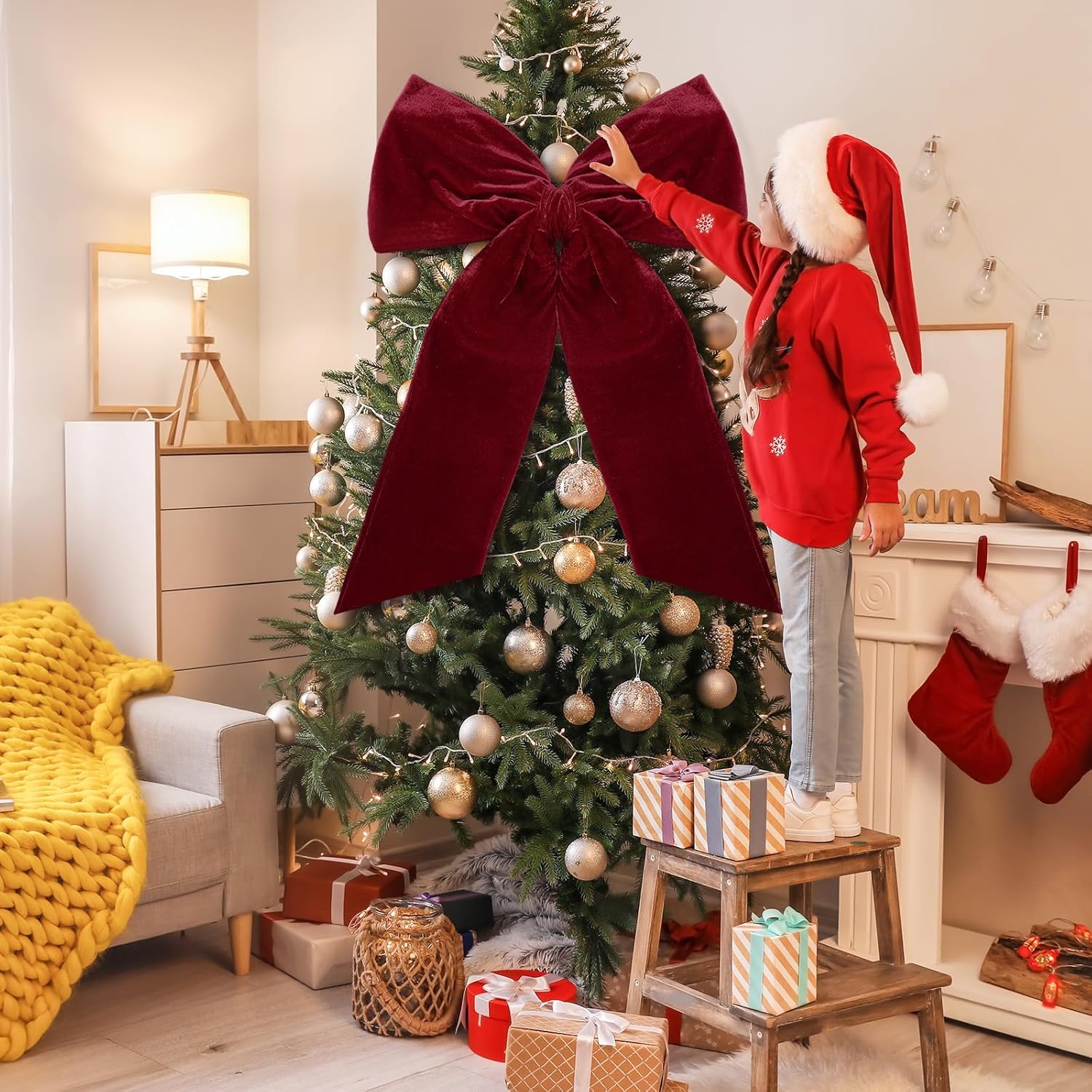 HunnmingRe 20 x 30 Inches Christmas Large Velvet Bows Christmas Tree Topper Decor Giant Xmas Tree Toppers Bows for Home Wreath Wall Backdrop Birthday Wedding Party Decorations(Burgundy,1 Pcs)
