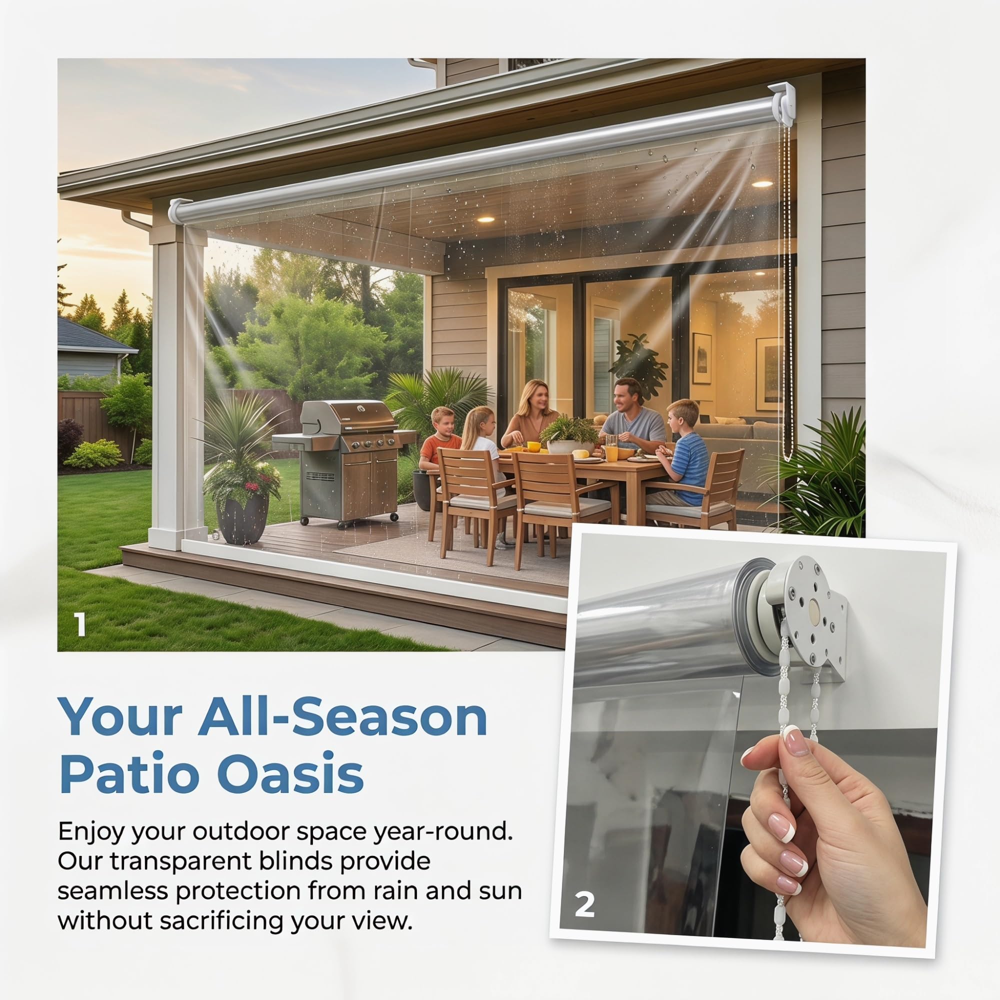 Wasserdichtes Rollo, Transparent Reißfeste PVC-Folie,für Garten-Pergola & Balkon-Terrassen,HD-Klarsicht Außenrollo mit Windschutz, Staubdicht & UV-Blocker Aufrollbares(W95*H220cm/W37.4*H86.6in)