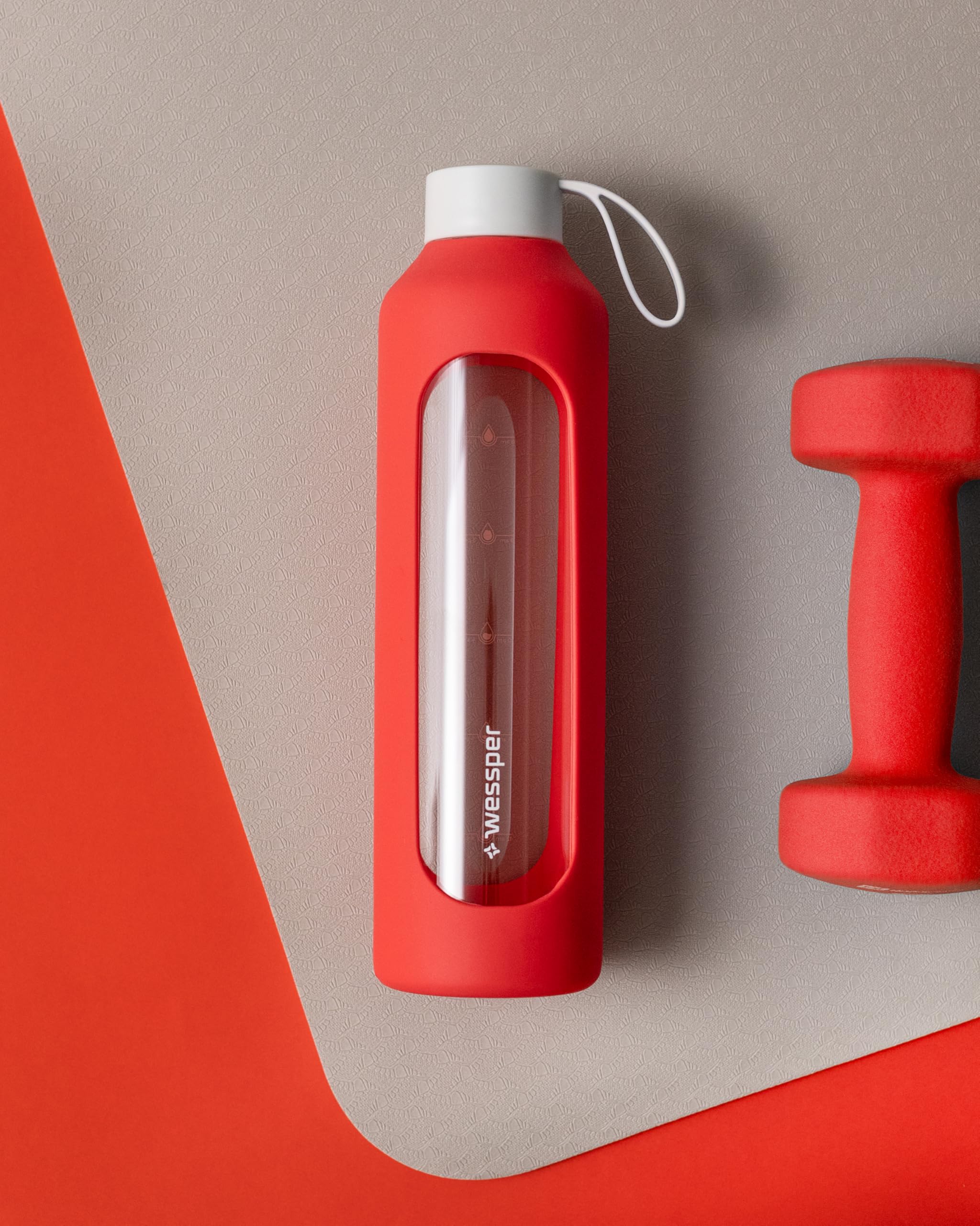 Wessper Borraccia in vetro rivestimento in silicone, bottiglia in vetro borosilicato con indicazione del tempo 1 litro, borraccia sportiva Ideale per fitness, scuola, sport, bambini – Rosso