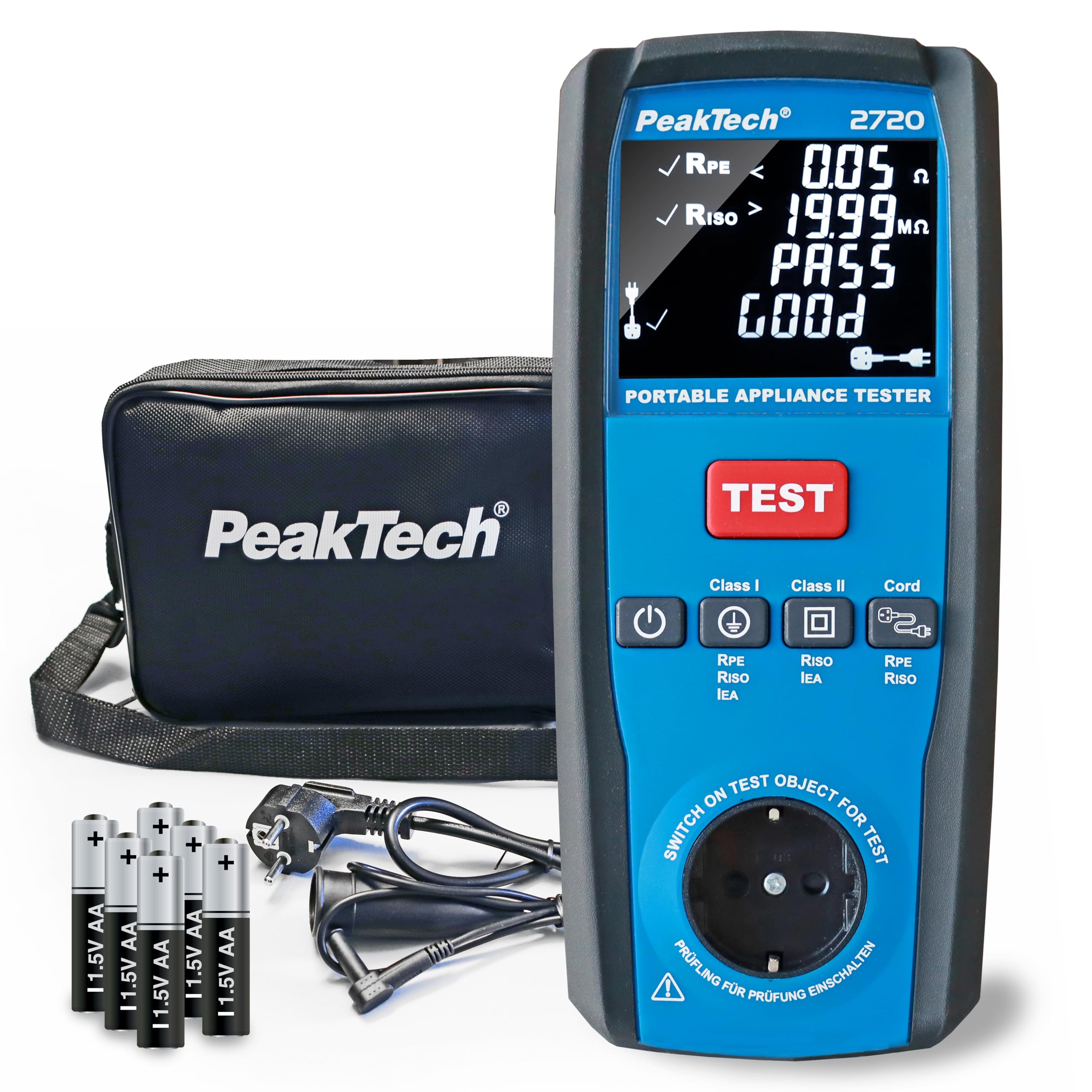 PeakTech 2720 – PAT probador de dispositivos para pruebas de dispositivos móviles según VDE 0701/​0702 en el marco del examen DGUV para dispositivos SK 1 y SK 2 con PASS/​FAIL Test para profesionales de