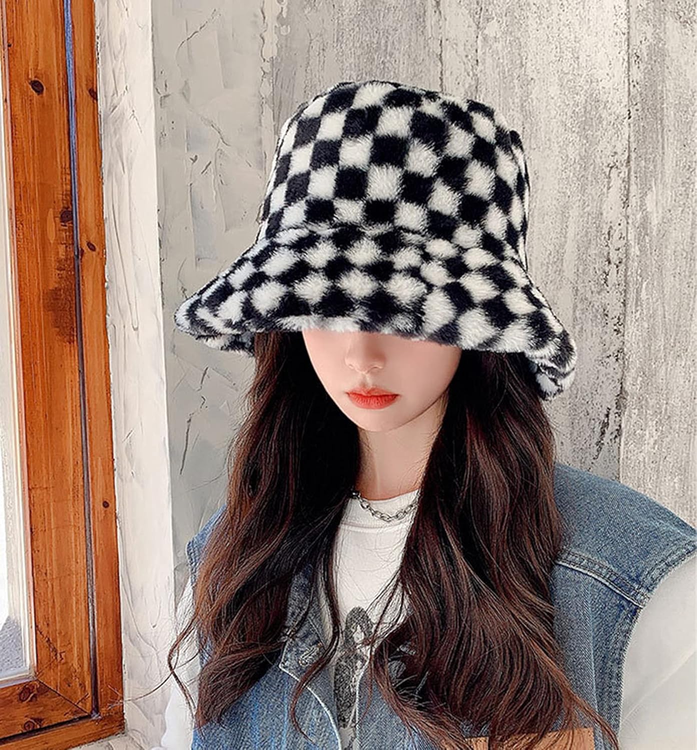 Womens Winter Fluffy Bucket Hat Checkered Pattern,Winter Faux Fur Bucket Hat Fluffy Warm Hat for Women Men - Image 2