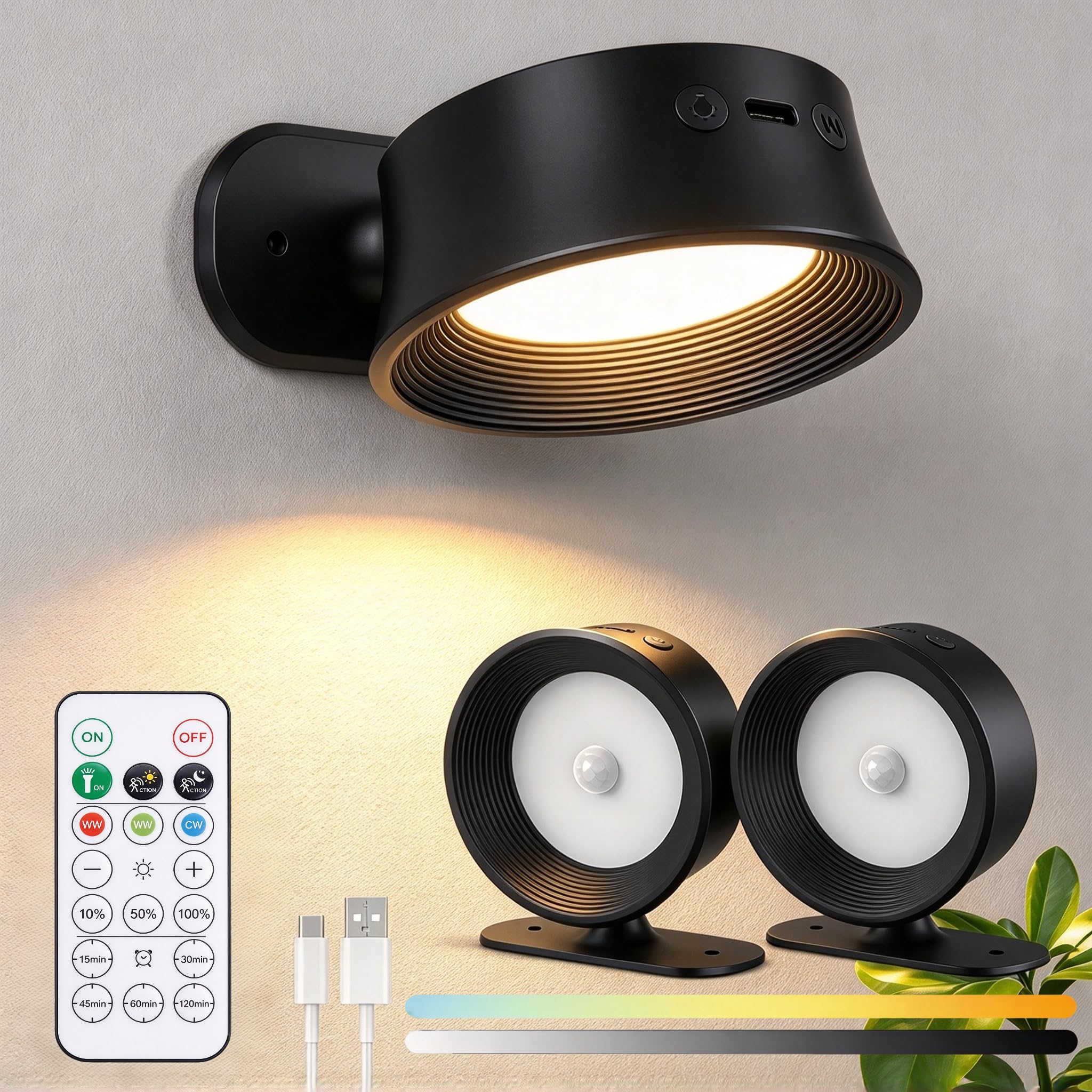2 Pack Rechargeable Wall Lights, Motion Sensor Lights with Remote Control, 3 Colour Temperatures & Dimmable & 360° Rotatable, Magnetic/Stick/Screw Mount, for Hallway, Stairs, Bedroom, Display, Black