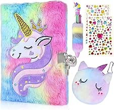 GROFIS 4er Set Einhorn Plüsch Tagebuch mit Schloss, 160 Seiten Doppelseitiges Notizbuch A5 Liniert, Geheimes Journal mit Einhorn Geldbörse, Stift, Aufkleber, Geschenke für Mädchen Kinder