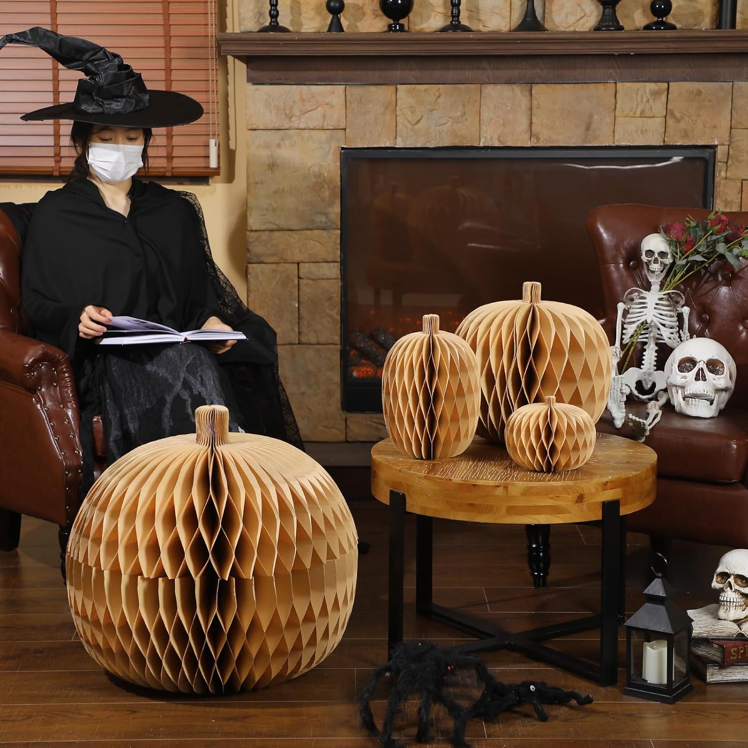 Spiareal 4 Pcs Extra Large Halloween Pumpkin Honeycomb Centerpiece 3D Thick Paper Fall Pumpkin Brown Reusable Paper Honeycomb Decor for Holiday Thanksgiving Home Door Fireplace Desktop Floor