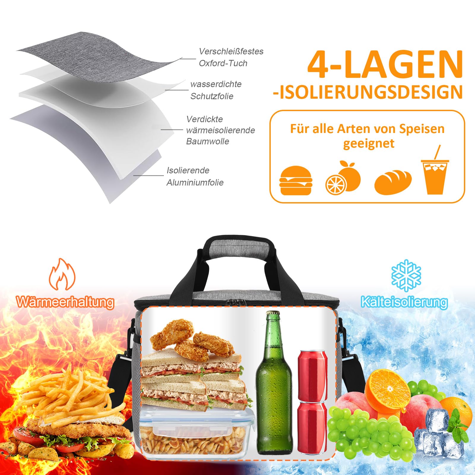 CALIYO Borsa termica da 15 l, pieghevole e portatile, con chiusura lampo, per uomo e donna, borsa termica per il pranzo, per lavoro, scuola, picnic, viaggi, 3 misure: 8,5 l/15 l/24 l (grigio)