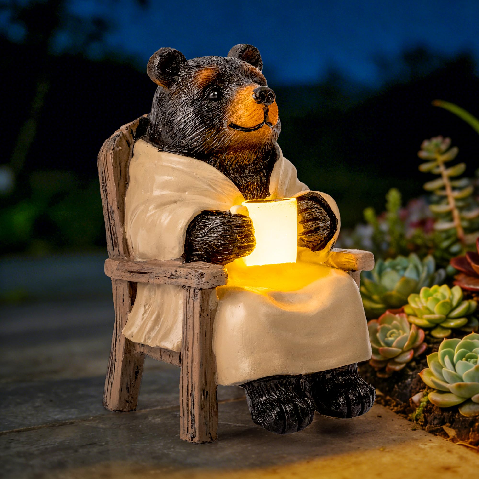 SOWSUN Estatua de jardín, decoración solar de oso negro con luz, decoración al aire libre para patio, césped, balcón, regalo de Navidad/cumpleaños para mamá y mujer
