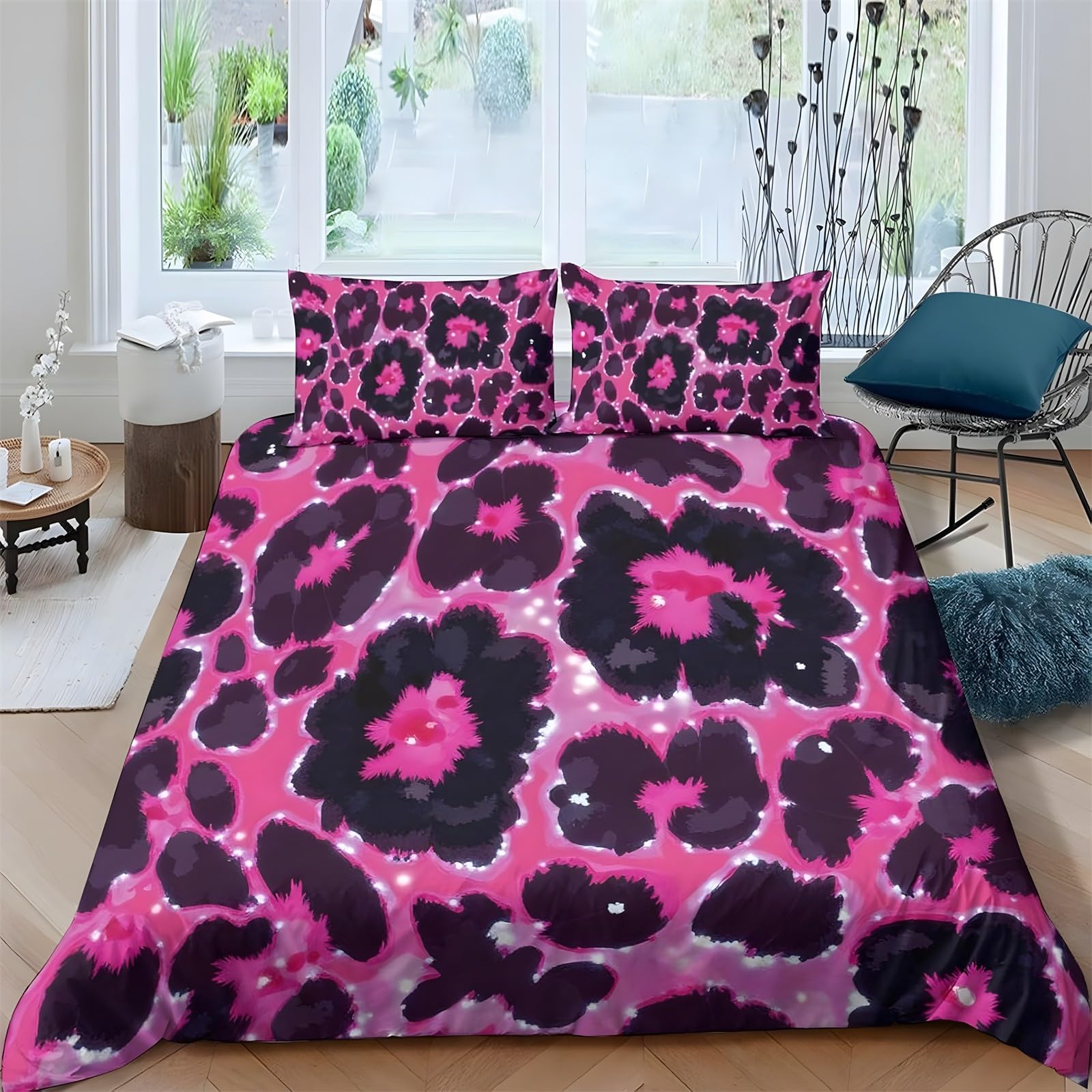 Ypthriline Double Bedding Set Leopard Print Bedding Set Microfiber Pink Black Duvet Covers with Pillowcases Reversible Bedding With Zipper Closure 200x200CM