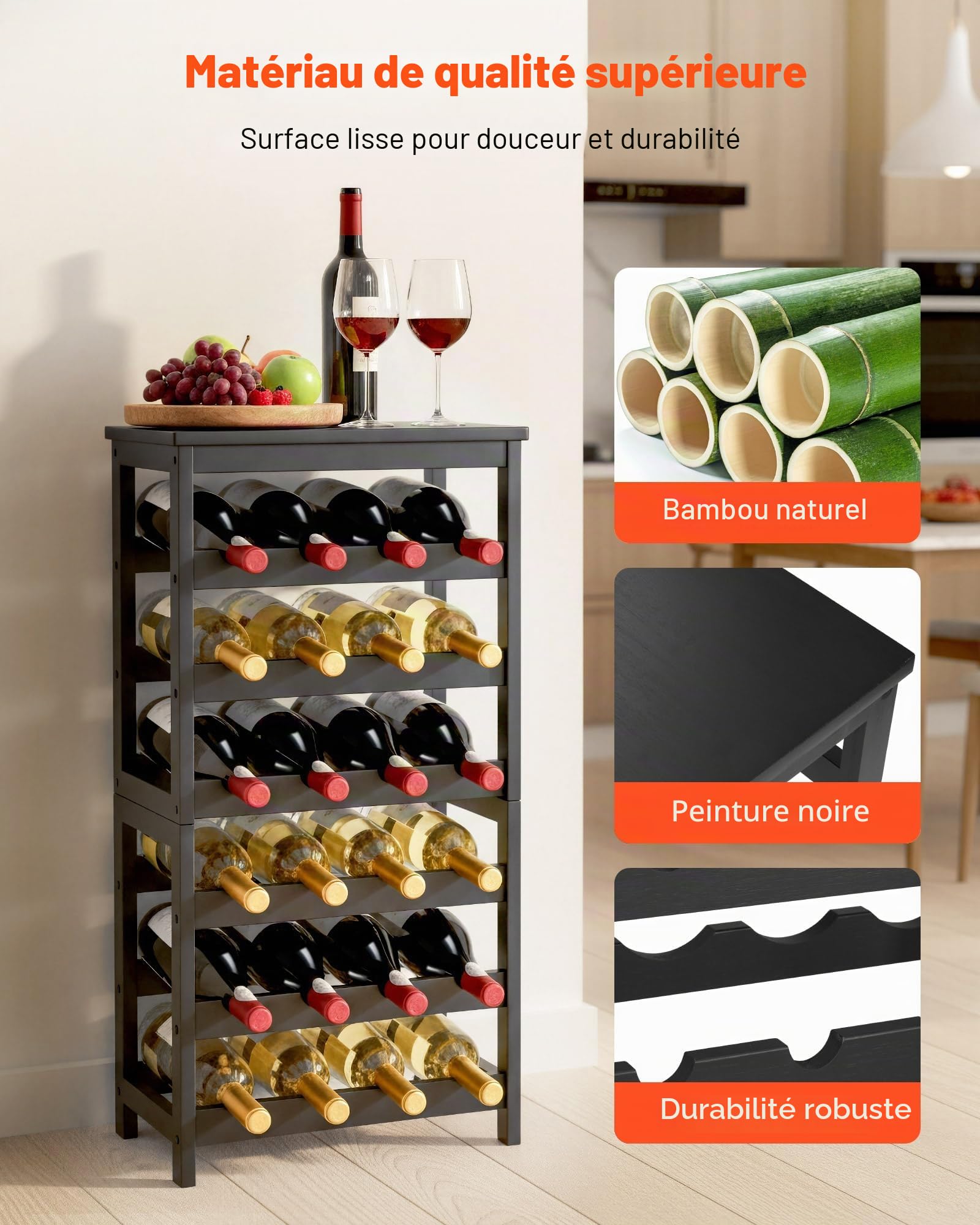 VEVOR Casier à Vin Autoportant Capacité 24 Bouteilles, Range Bouteilles à 6 Niveaux, Étagère à Vin Stable avec Plateau, Rangement Présentation pour Cuisine Garde-Manger Salle à Manger Cave Bar, Noir