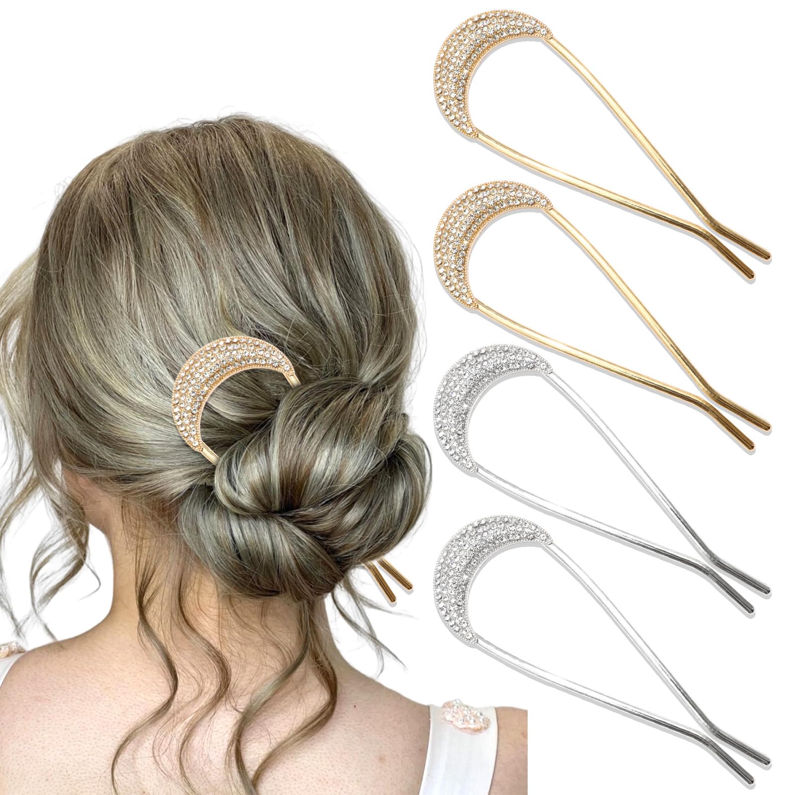 AOREAS 4Pcs Rhinestones U Shaped Hair Pins for Thick Hair,Bow French Hair Pins French Twist Hair Pin Vintage Double Prong Hair Forks Stick Hairstyle