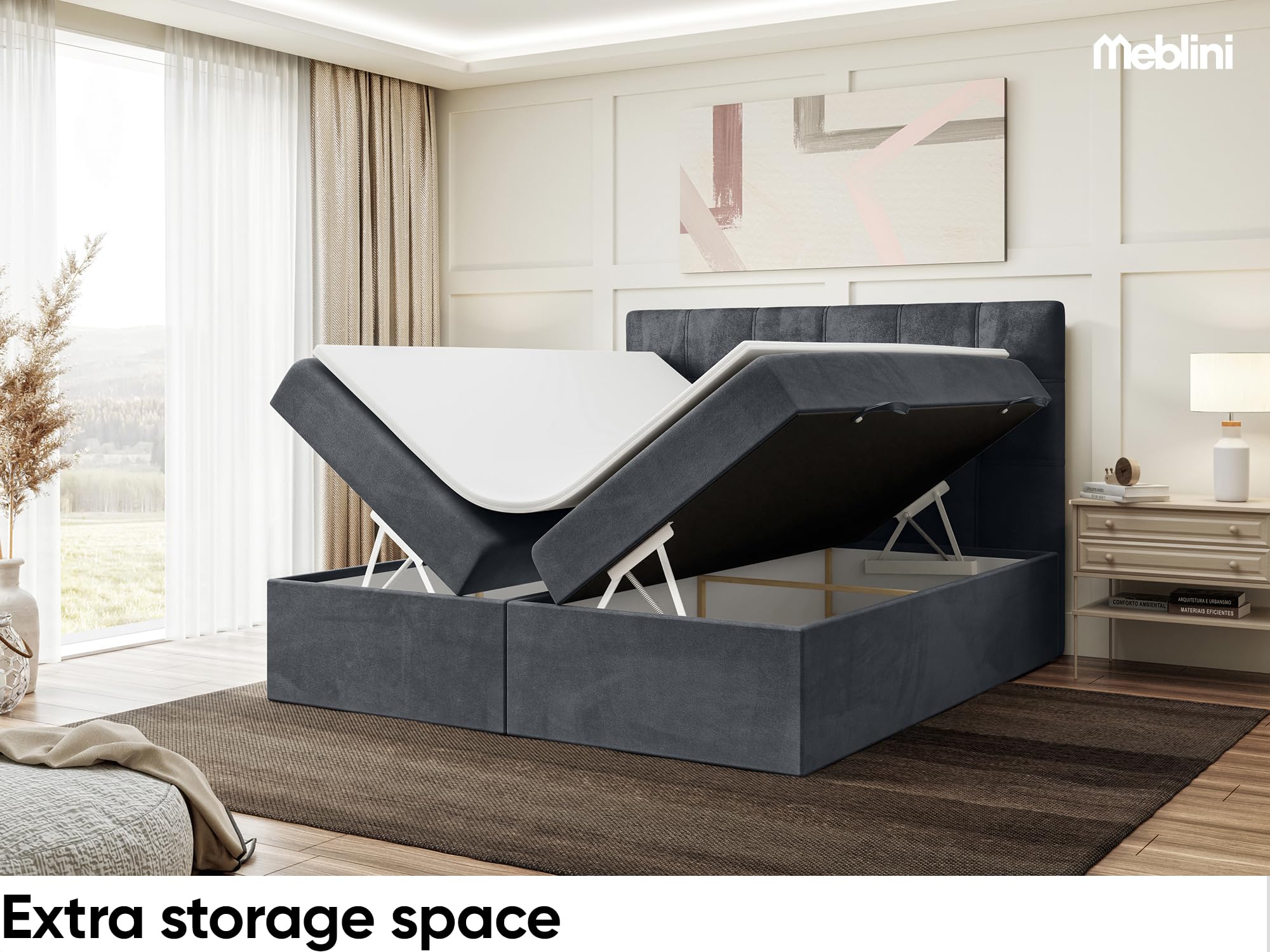 MEBLINI Boxspringbett mit Bettkasten - 140x220 - H4/Dunkelgrau Samt - Kai - Gepolstert Doppelbett mit Matratze und Topper - Polsterbett mit Stauraum - Bett mit Kopfteil - Stauraumbett