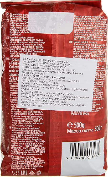 Julius Meinl President Coffee Beans, Medium Roasted, Classic Flavored, 500 g