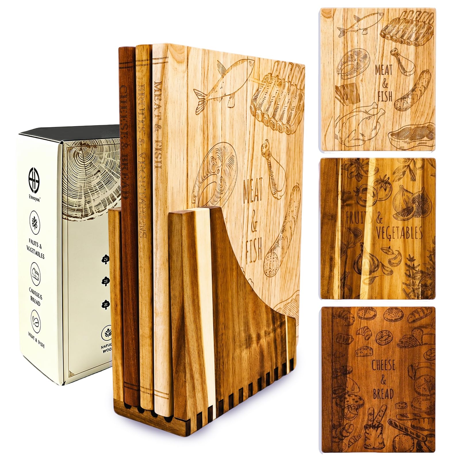 Wooden Book Cutting Board Set with Stand 3 Piece for Kitchen