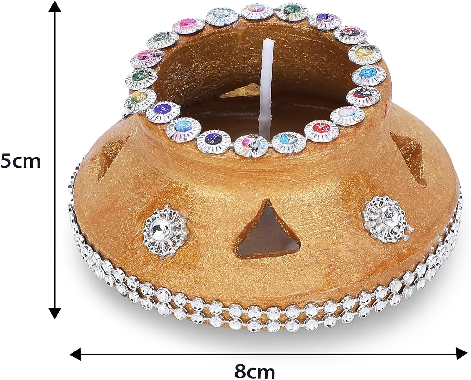 6 Pc Matki Wax Filled Diya Set: Colorful Golden Handpainted Terracotta Diyas for Diwali Pooja & Decoration | Natural MITTI Dia | Unique Indian Gift for Deepawali Celebrations - Golden