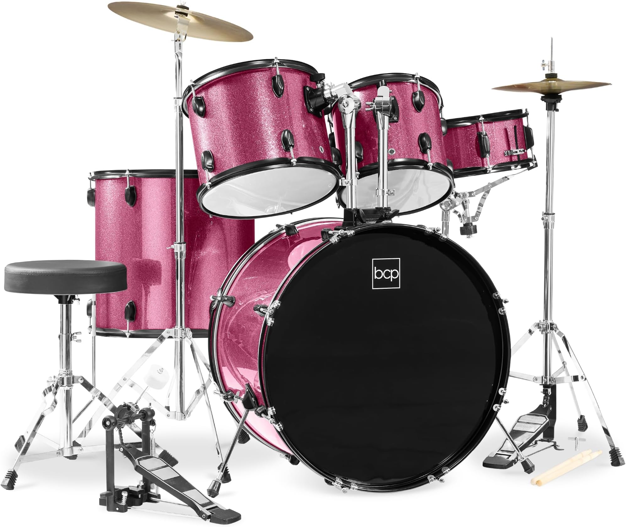 Best Choice Products 5-Piece Full Size Complete Adult Drum Set w/Cymbal Stands, Stool, Drum Pedal, Sticks, Floor Tom - Pink Sparkle