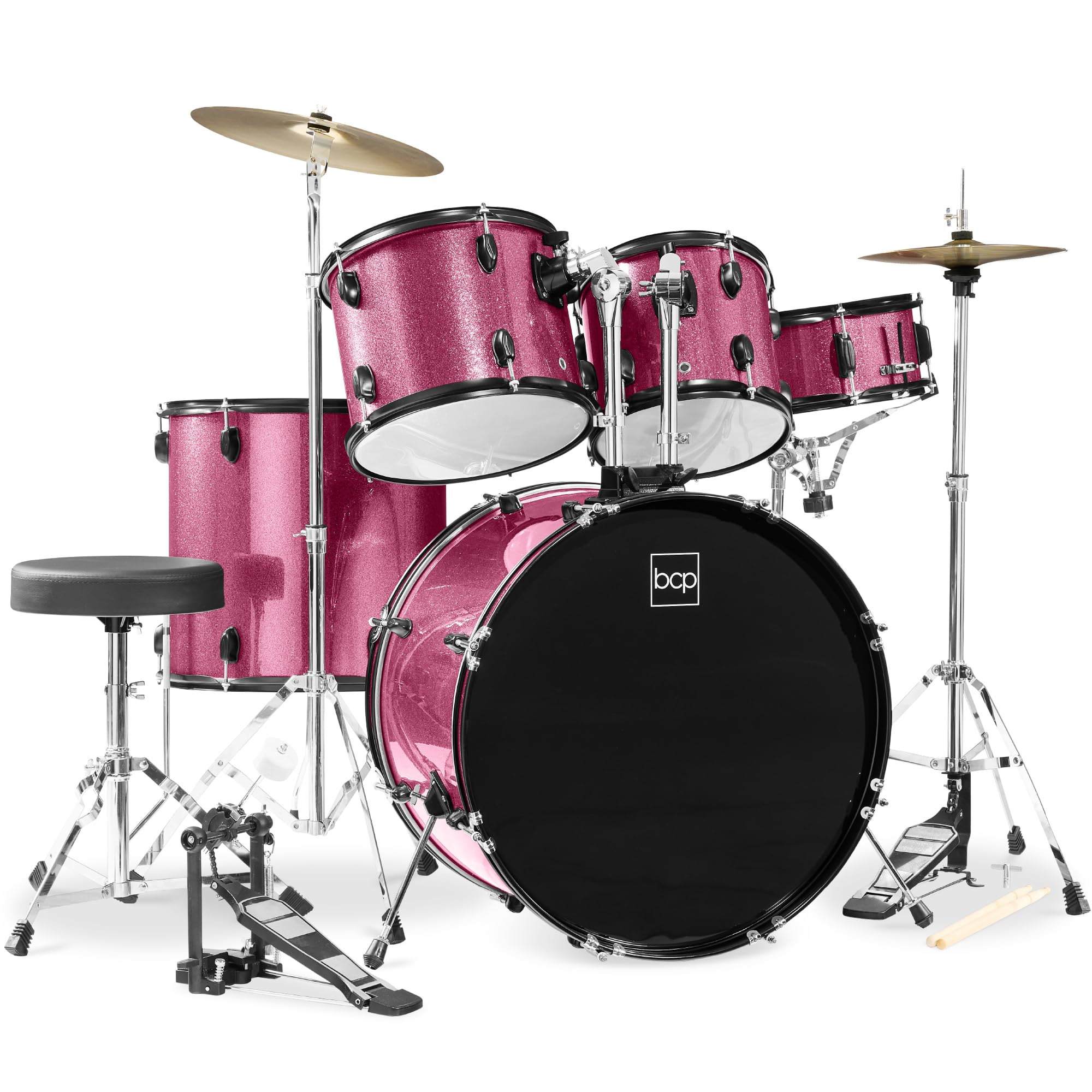 Best Choice Products 5-Piece Full Size Complete Adult Drum Set w/Cymbal Stands, Stool, Drum Pedal, Sticks, Floor Tom - Pink Sparkle