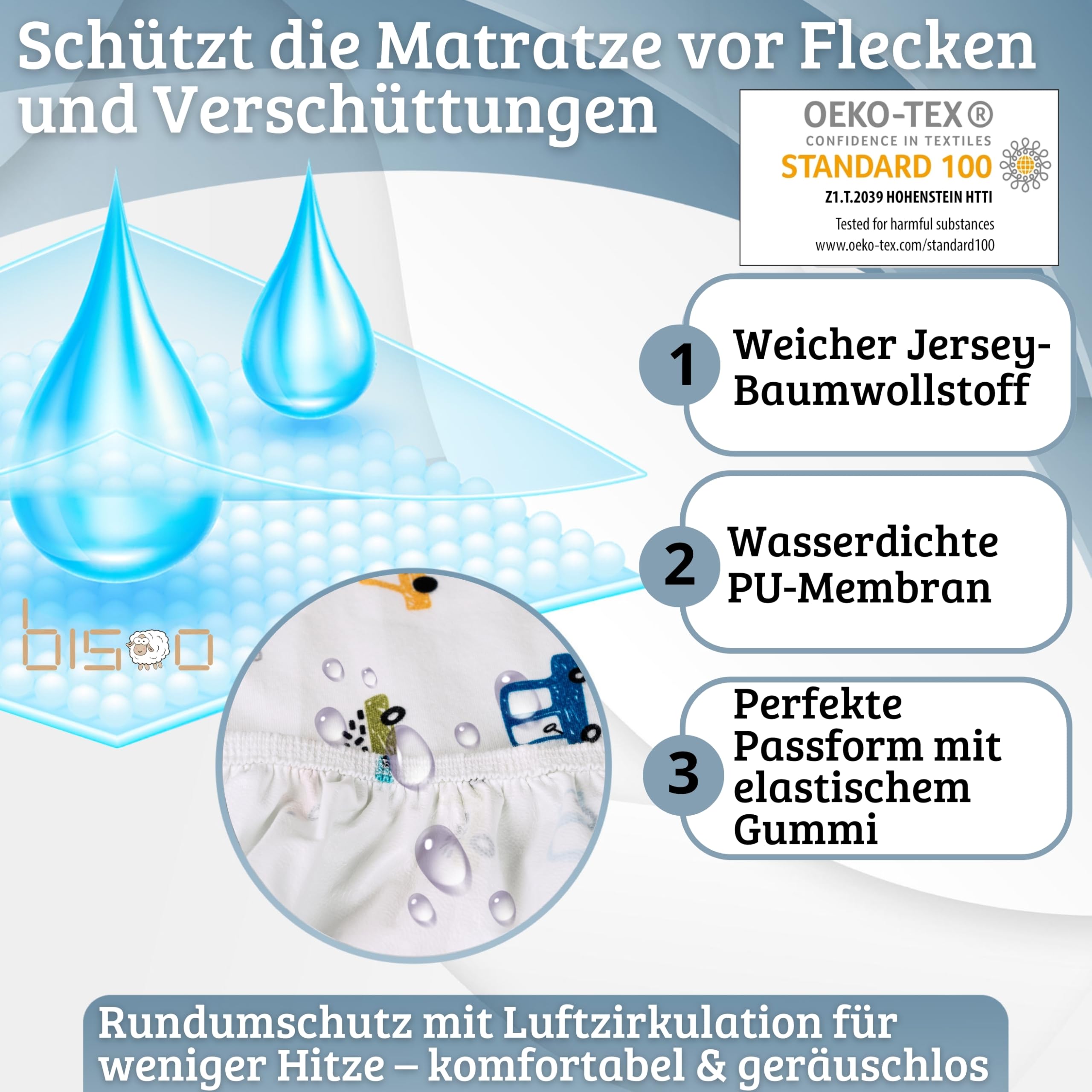 Bisoo Zauberlaken Spannbettlaken 35x75 Buchstaben + Autos für Kinderwagen | Laken und Matratzenschoner in einem Stück, Ersparnis, Wasserdicht, Atmungsaktiv, Geräuschlos, Baumwoll-Jersey Oeko-Tex