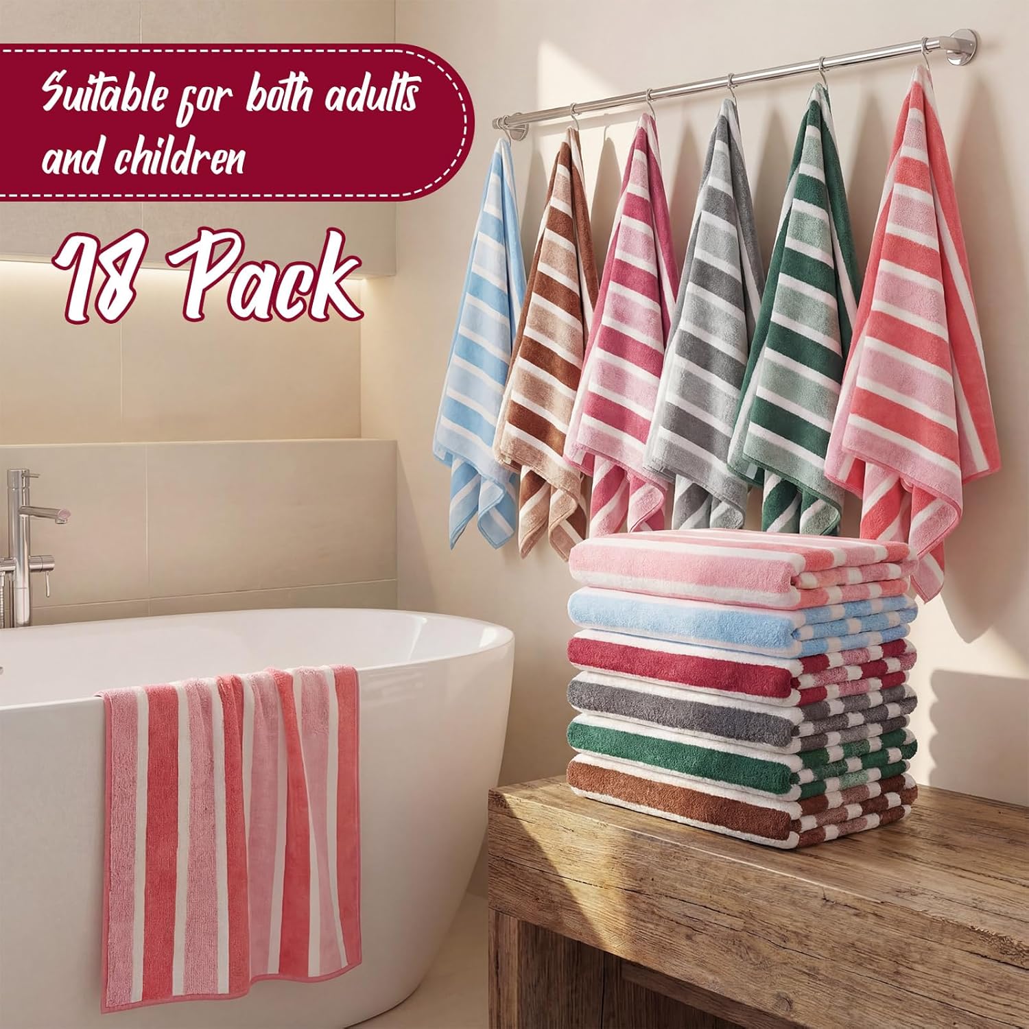 18 Pack Microfiber Bath Towels Bulk 27'' x 60'' Oversized Size Bath Towel Highly Absorbent Extra Large Soft Drying for Shower Beach Winter Salon Sport Gym Party (Stripes,Neutral) - Image 6