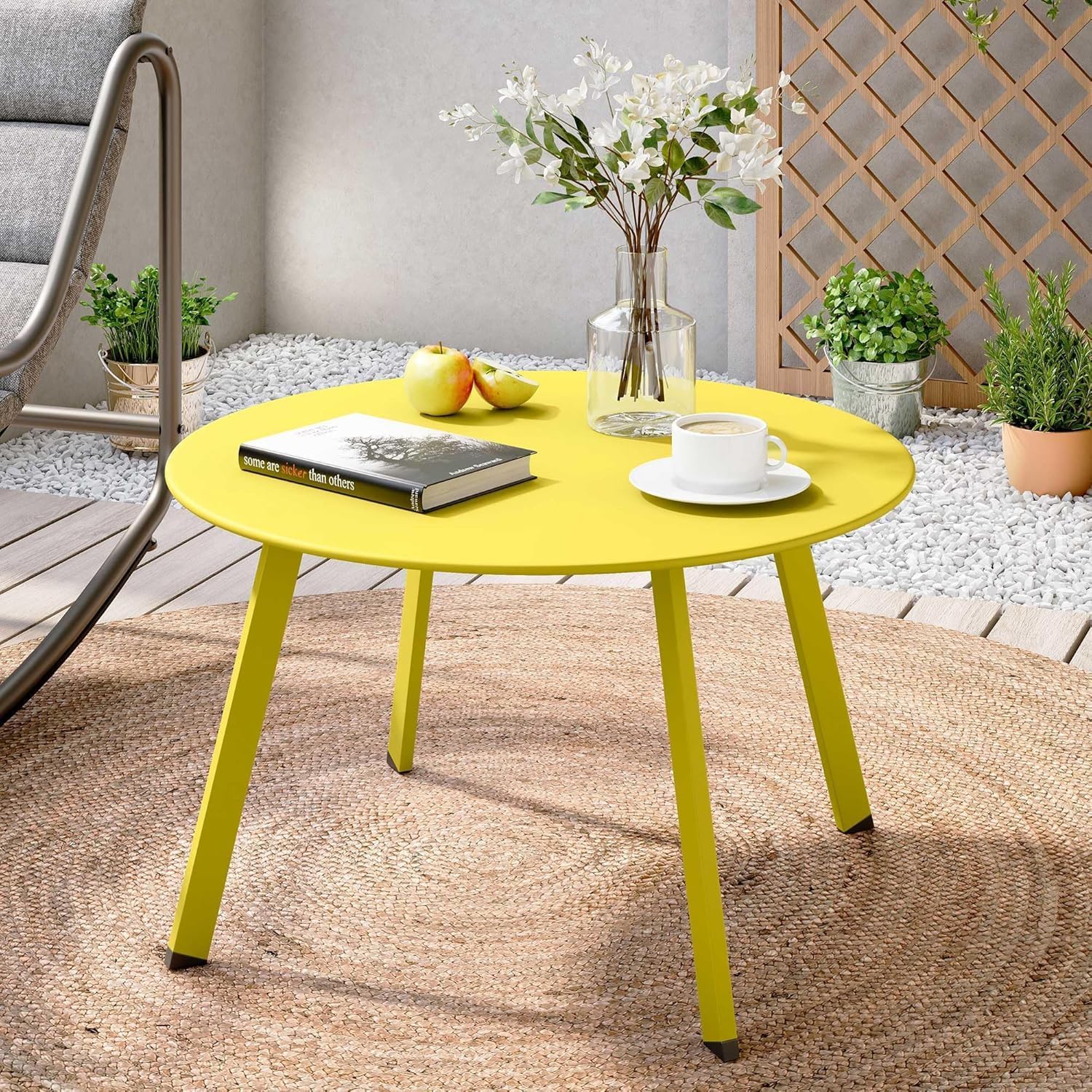 LAUSAINT HOME Outdoor Round Coffee Table, 27.6 Inch Heavy-Duty Metal Patio Table, Weather-Resistant with Square Base for Deck, Porch, Garden, Balcony, Yellow