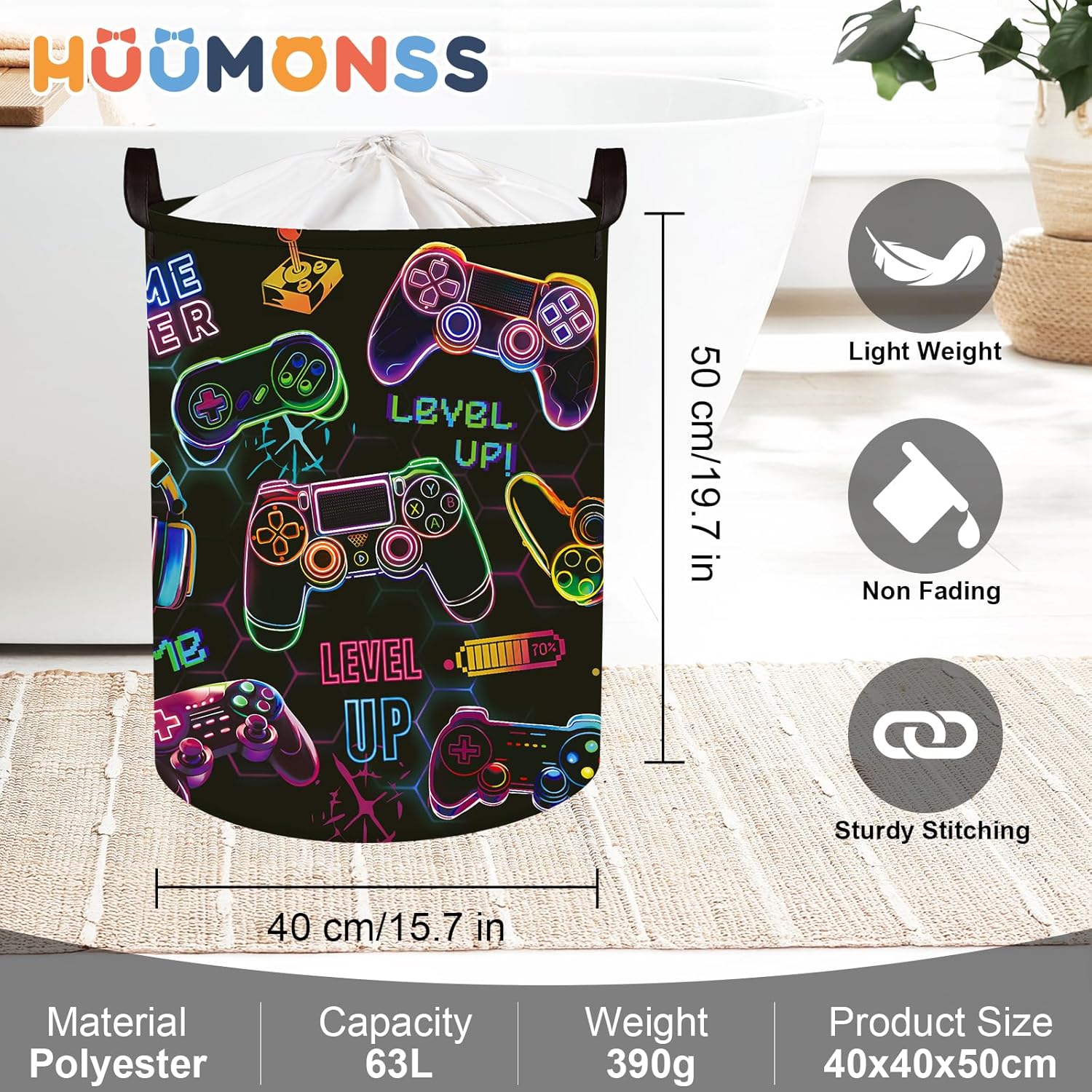 Gaming Laundry Hamper Game Controller Console Large Storage Basket Collapsible Parents Organizer Boys Clothes Toy Bins for Bedroom, Bathroom, Black, 63L