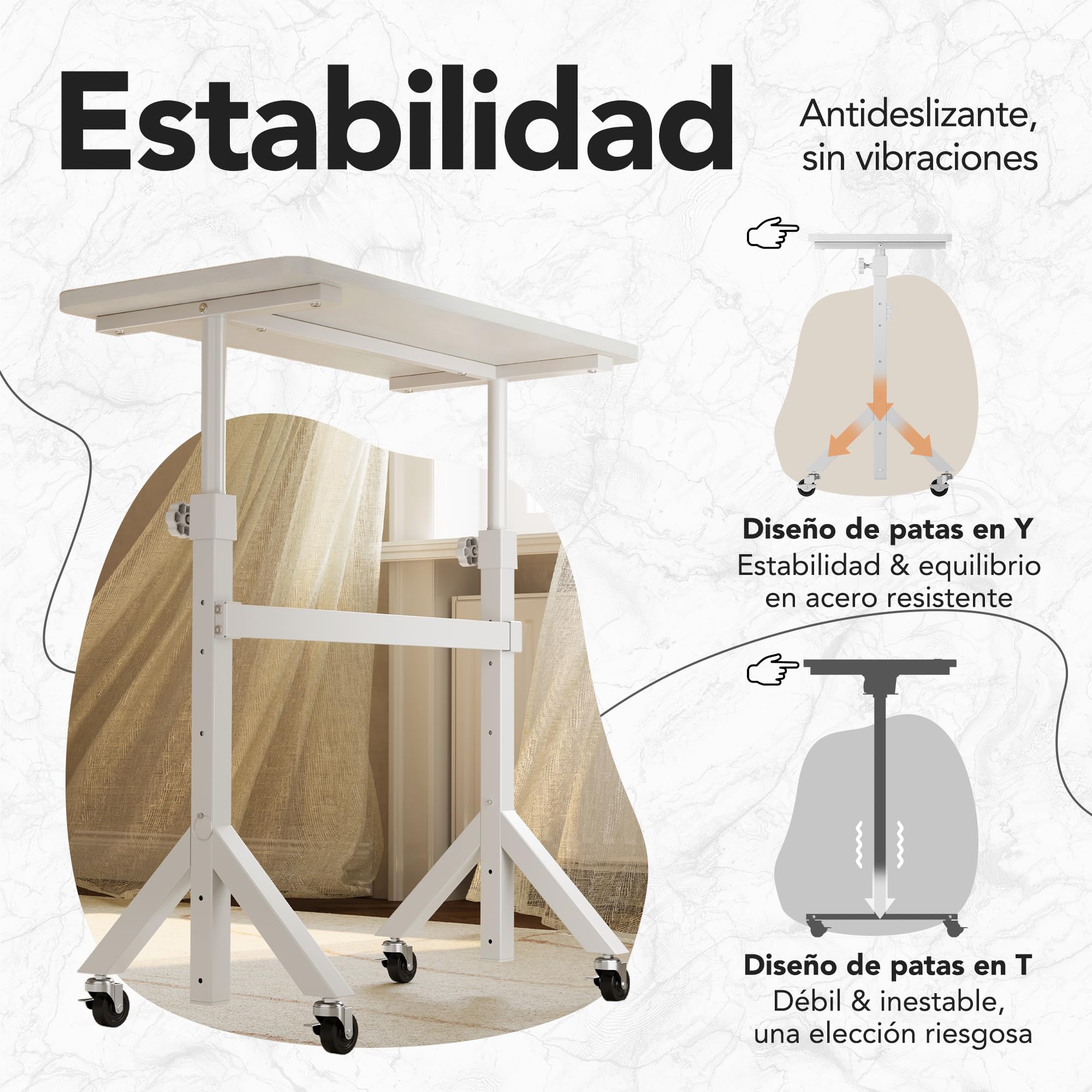 HUANUO Escritorio de pie Ajustable en Altura, 6 ajustes de Altura de hasta 118 cm, 80 x 40 cm, Escritorio pequeño móvil con diseño de Patas Triangulares, Movilidad Suave con Ruedas bloqueables, Mesa