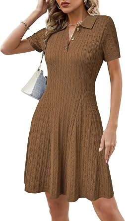 Arach&Cloz Womens Summer Polo Dresses 2025 Short Sleeve Cable Knitted Fashion Business Work Casual A Line Dress