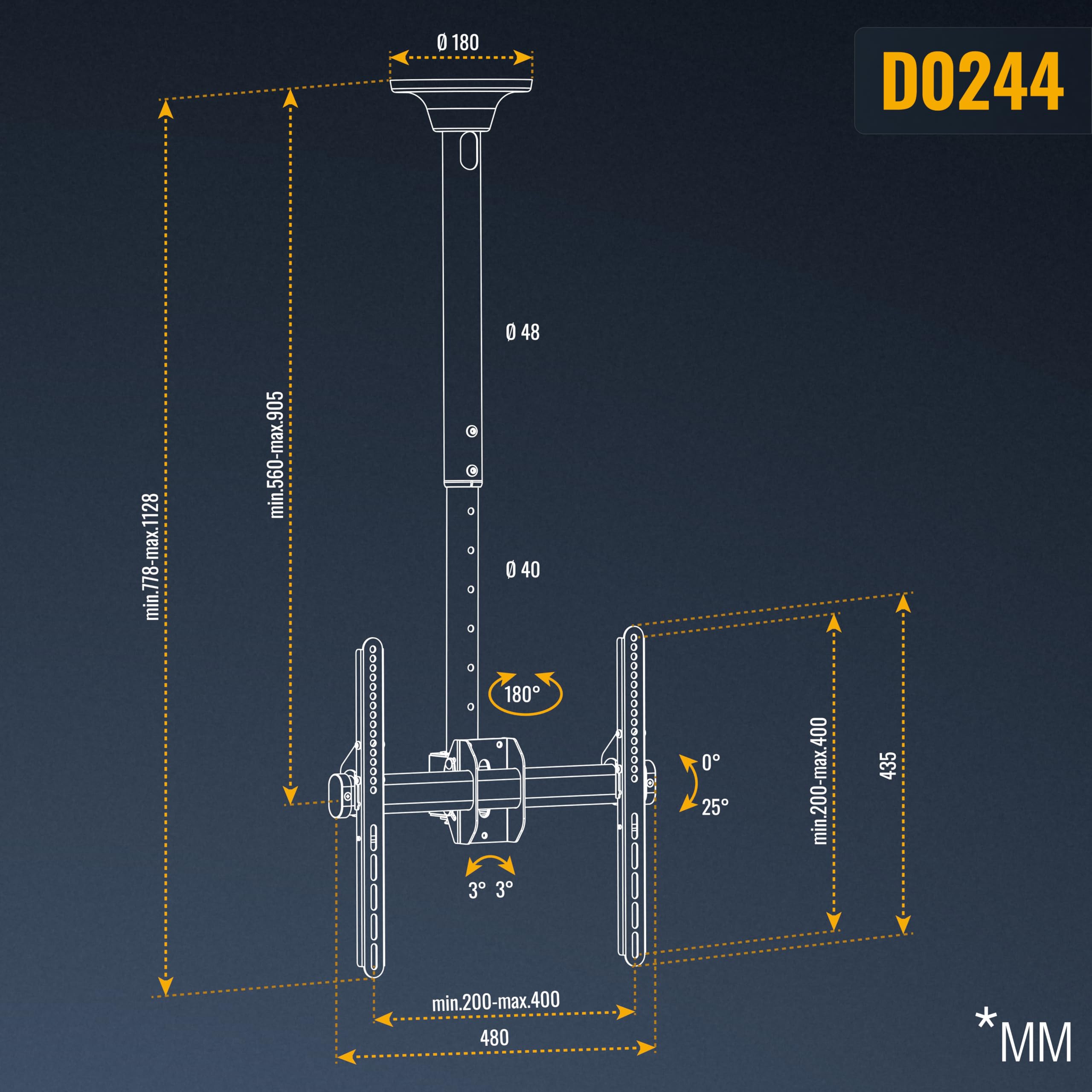 RICOO D0244 Supporto TV da soffitto Staffa TV 32-55 pollici per 32 43 50 55 pollici girevole inclinabile fino a 60 kg max VESA 400x400