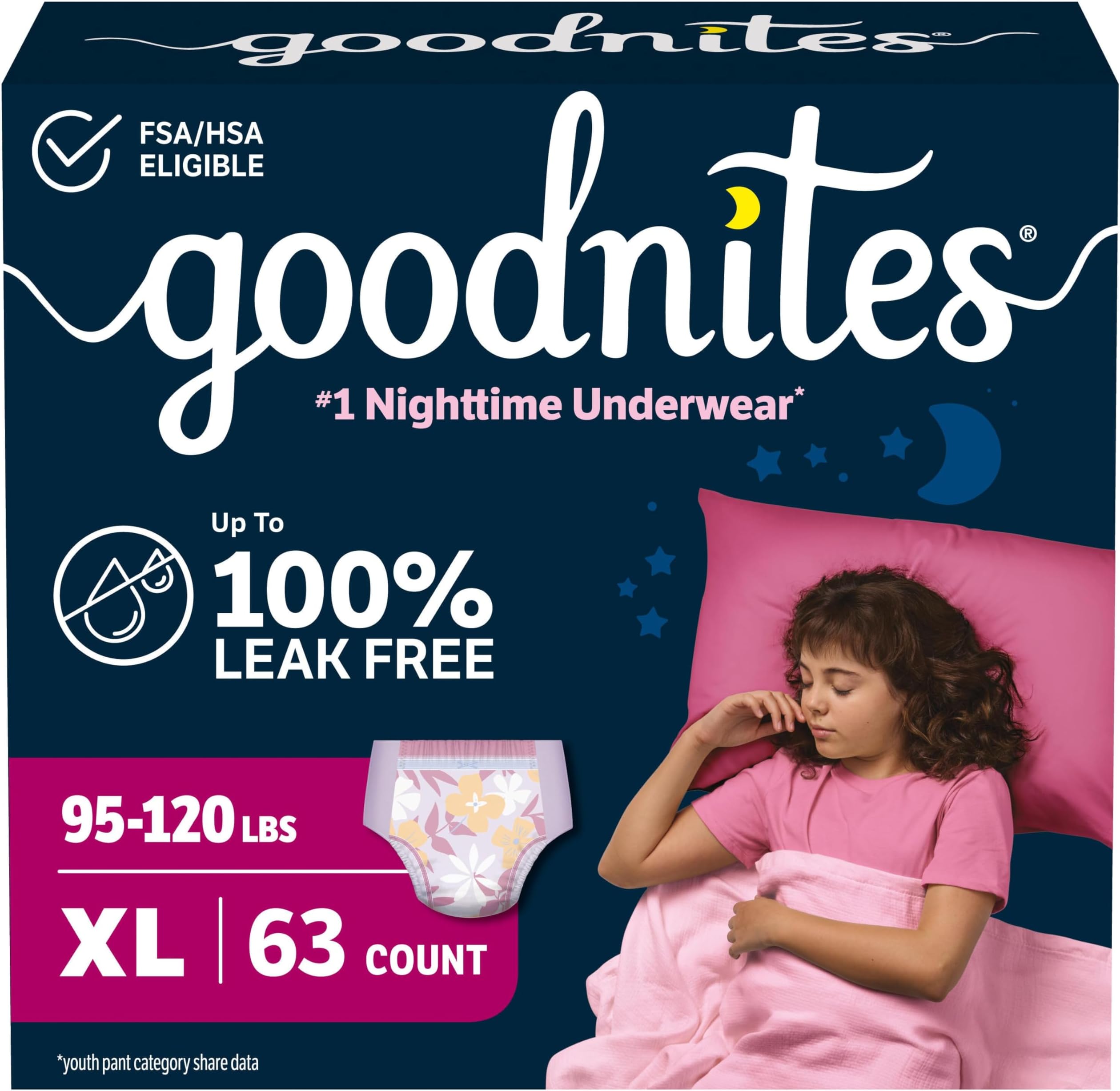 Goodnites Girls' Nighttime Bedwetting Underwear, Size Extra Large (95-120 lbs), 63 Ct (3 Packs of 21), Packaging May Vary