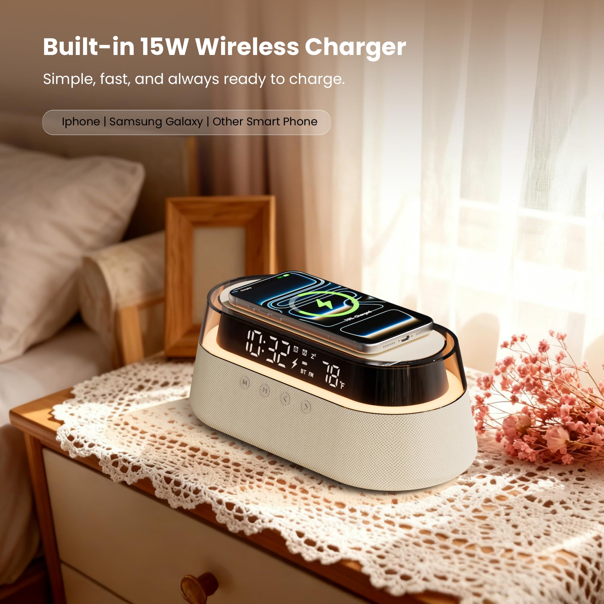 Altoparlante Bluetooth con Sveglia Caricatore Wireless 15W con Telecomando | Doppia Sveglia con Radio, Funzione Snooze e Luce Notturna per la Camera da Letto o l'ufficio Regalo Uomo Donne