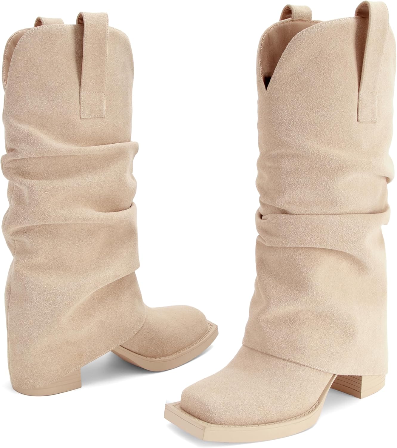 Suede Fold over Boots Square Toe Chunky Block Heel Mid Calf Boots Pull on Cowboy Cowgirl Western Slouchy Ankle Booties - Image 6