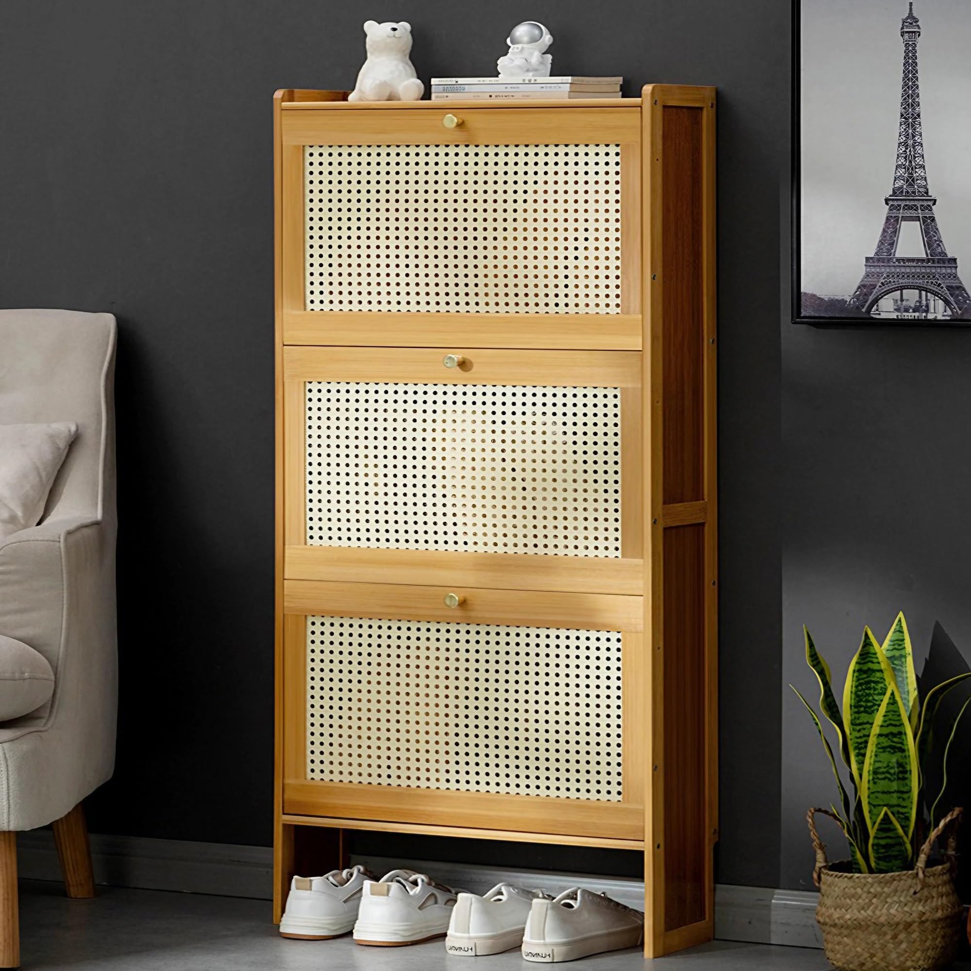 Mueble Zapatero Estrecho Ratan, Mueble Recibidor Zapatero de Bambú de 2, 3 Niveles, Zapatero Entrada Recibidor Estrechos y Altos, para Entrada, Recibidor, Dormitorio, Independiente(50x17x120cm)