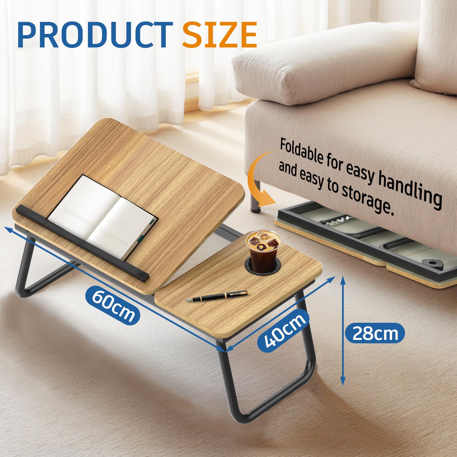 Huracan Table pour Ordinateur Portable, Plateau de Petit déjeuner pour Le lit Support d'ordinateur, avec Pieds Pliables, 5 Angles d'inclinaison, Lapdesk, Support de Table lit pour canapé, Divan, Noix