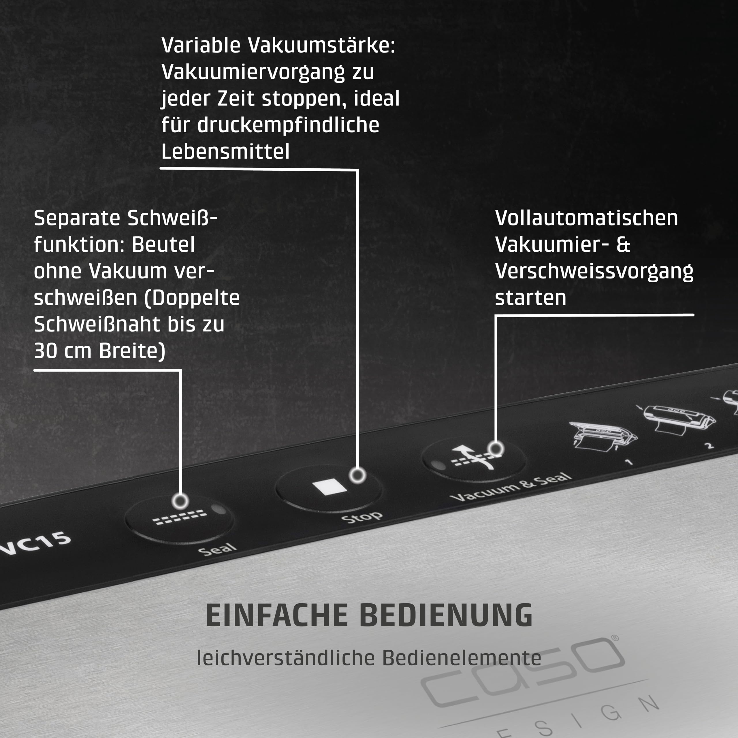CASO VC15 Vakuumierer – Vakuumgerät, Testurteil Sehr Gut, 8x länger frisch, Schweißfunktion, inkl. 10 Folienbeutel