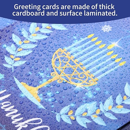 Miniatura 4 de Outus Tarjetas de felicitación de Hanukkah, 12 tarjetas de felicitación de Janucá con sobres, decoraciones de fiesta de Hanukkah con diseños