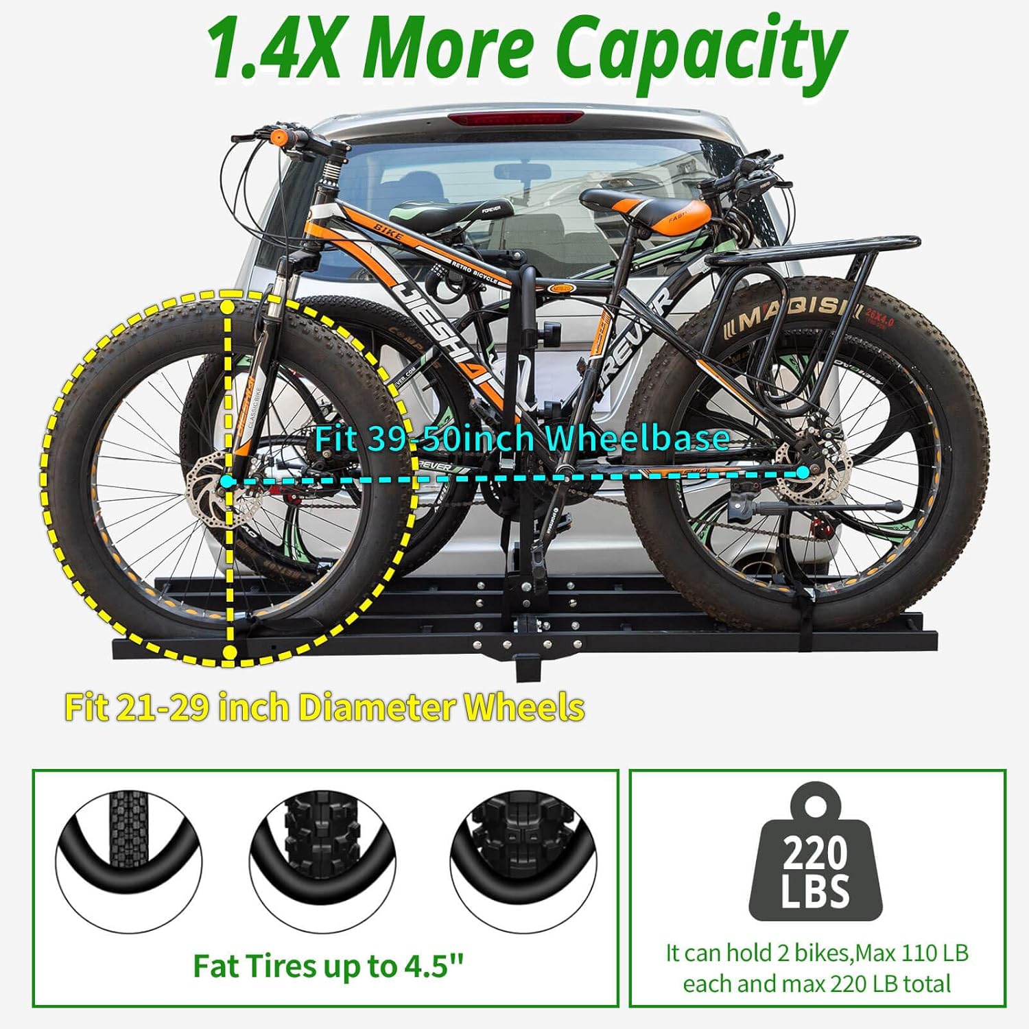 Bike Rack Hitch Mount with Ramp for 2 Bikes – Platform Ebike Rack with Anti-Theft Lock Fits Fat Tires up to 220 lbs – Foldable & Tilt Electric Bike Rack for SUV, Truck, RV – 2 Inch Receiver