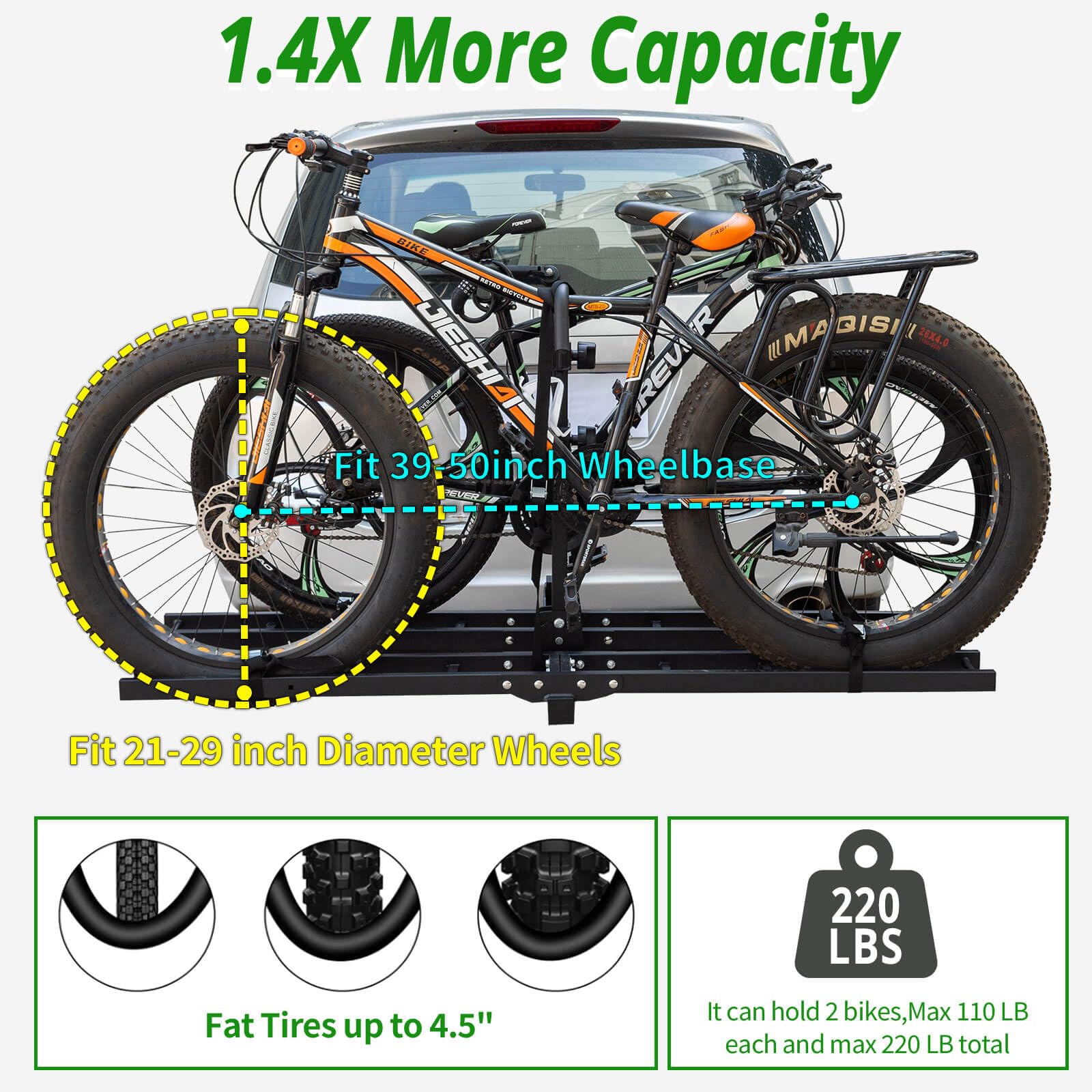 Supporto per gancio di traino con rampa per 2 biciclette, piattaforma per bici elettrica per pneumatici fino a 99,8 kg, pieghevole e inclinabile, per SUV, camion, camper, ricevitore da 5,1 cm