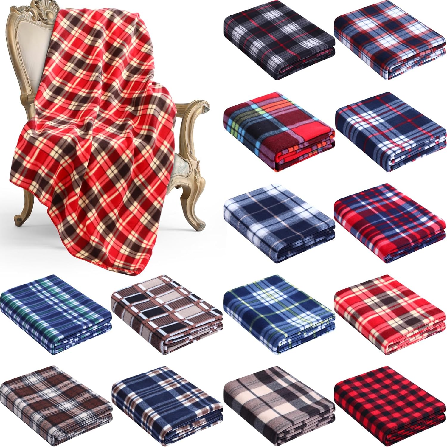 Newwiee 15 Pcs Buffalo Plaid Christmas Blanket Bulk Soft Plush Plaid Double Sided Check Pattern Cozy Decorative Blanket for Bed Couch Sofa Office 50 x 60 Inches